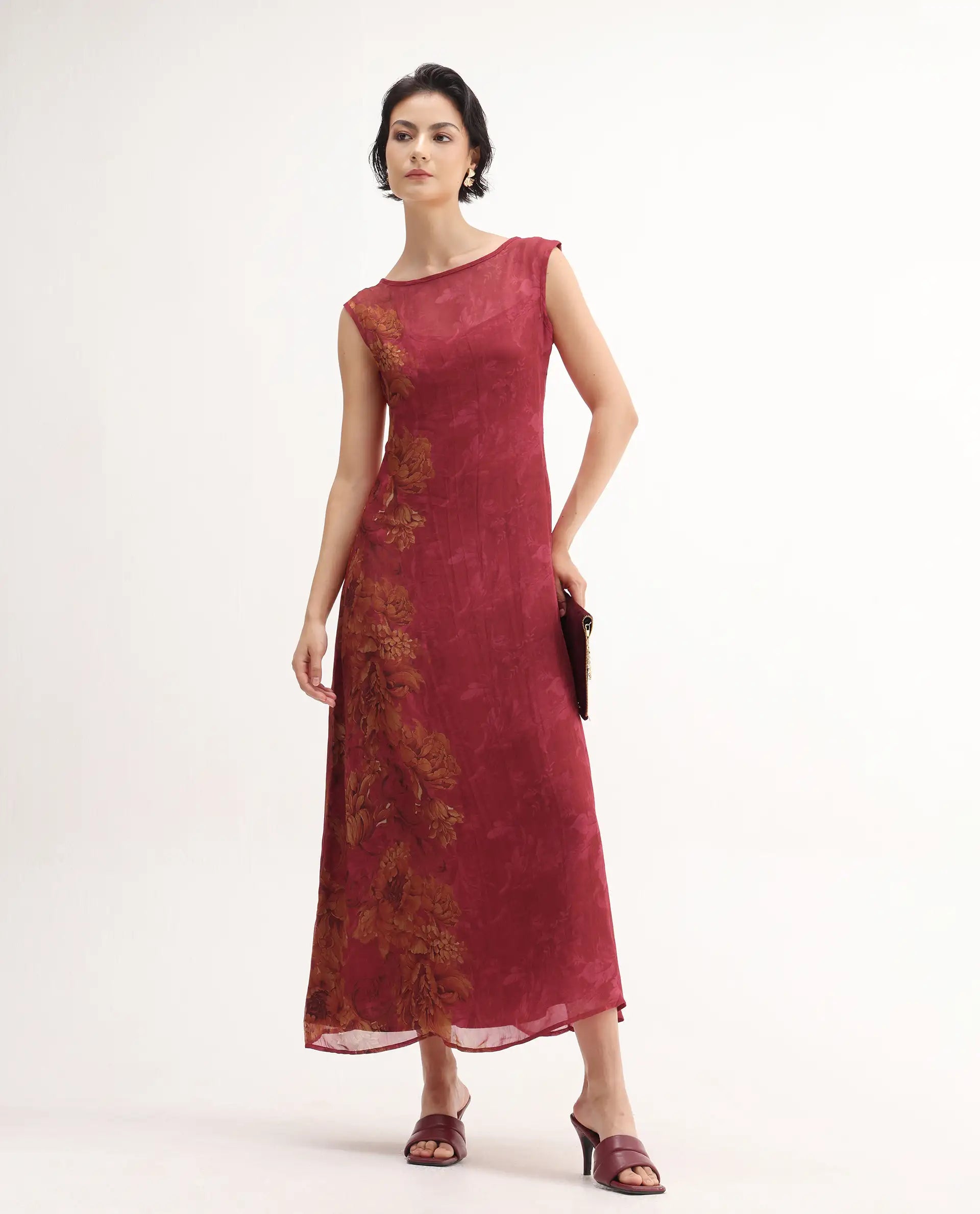 Rareism Women's Avins Pink Viscose Organza Round Neck Fit And Flare Printed Dress