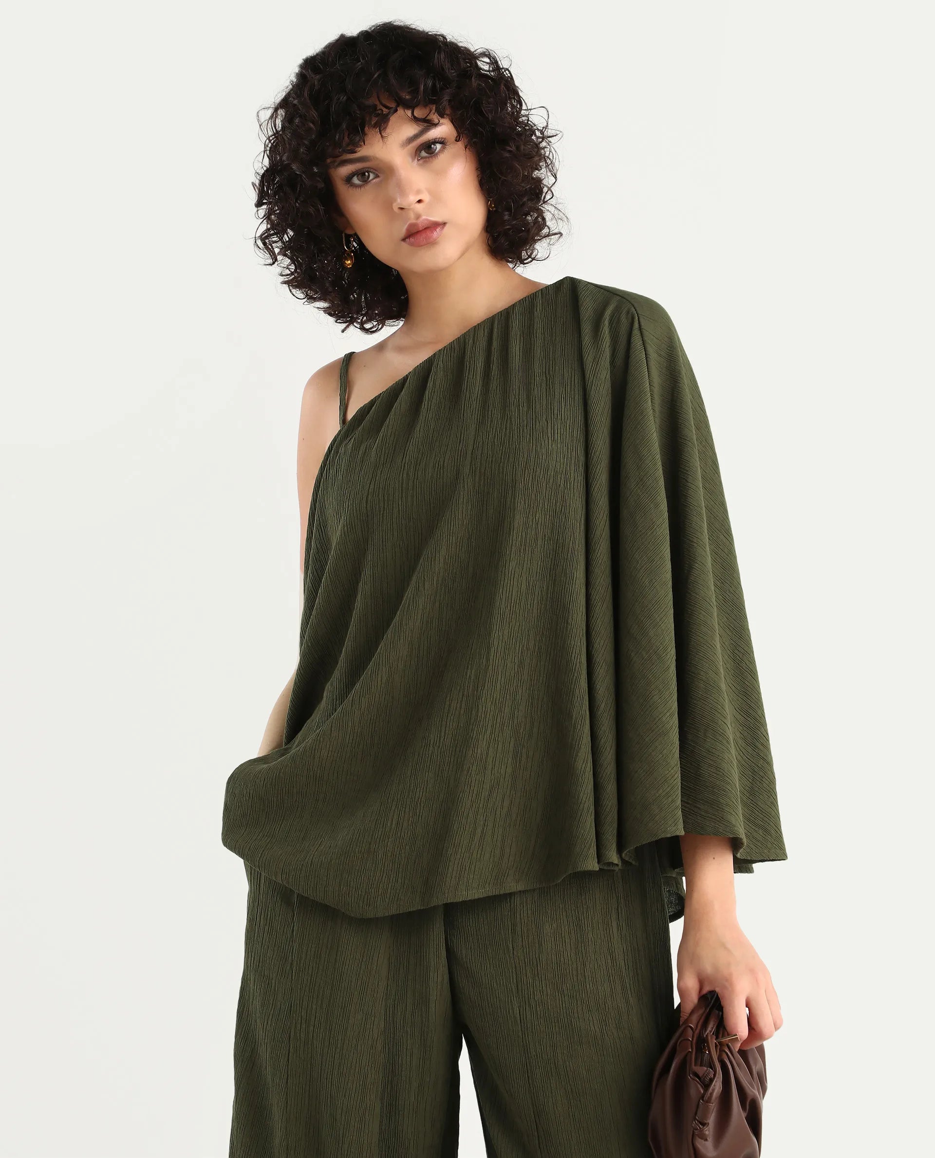 Rareism Women's Aviok-T Olive Nylon Blend One Shoulder Relaxed Plain Top