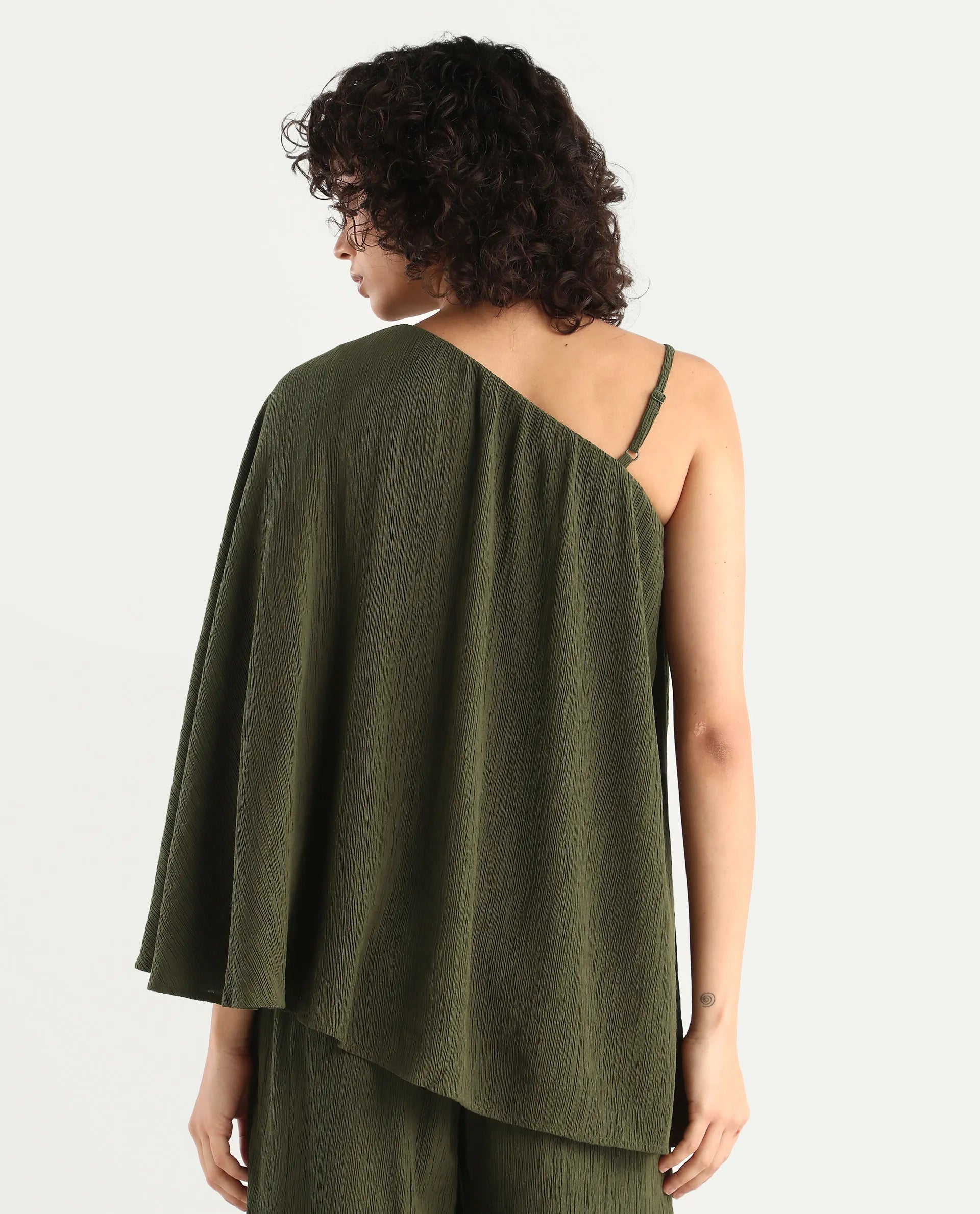 Rareism Women's Aviok-T Olive Nylon Blend One Shoulder Relaxed Plain Top