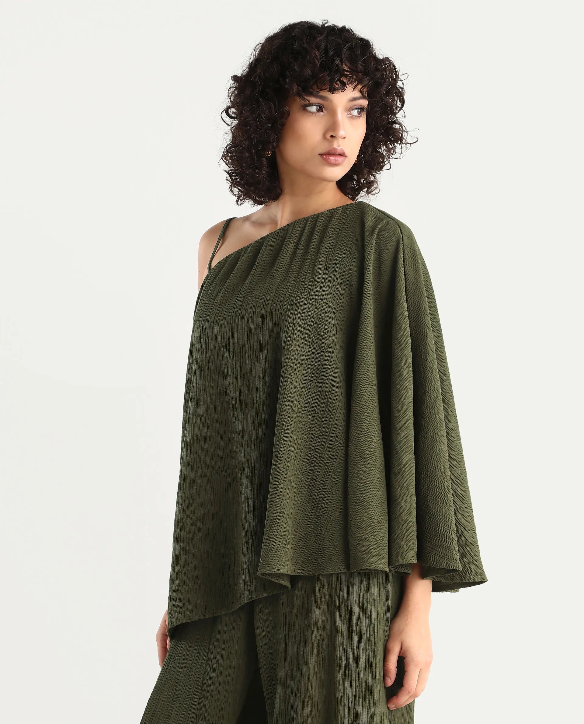 Rareism Women's Aviok-T Olive Nylon Blend One Shoulder Relaxed Plain Top