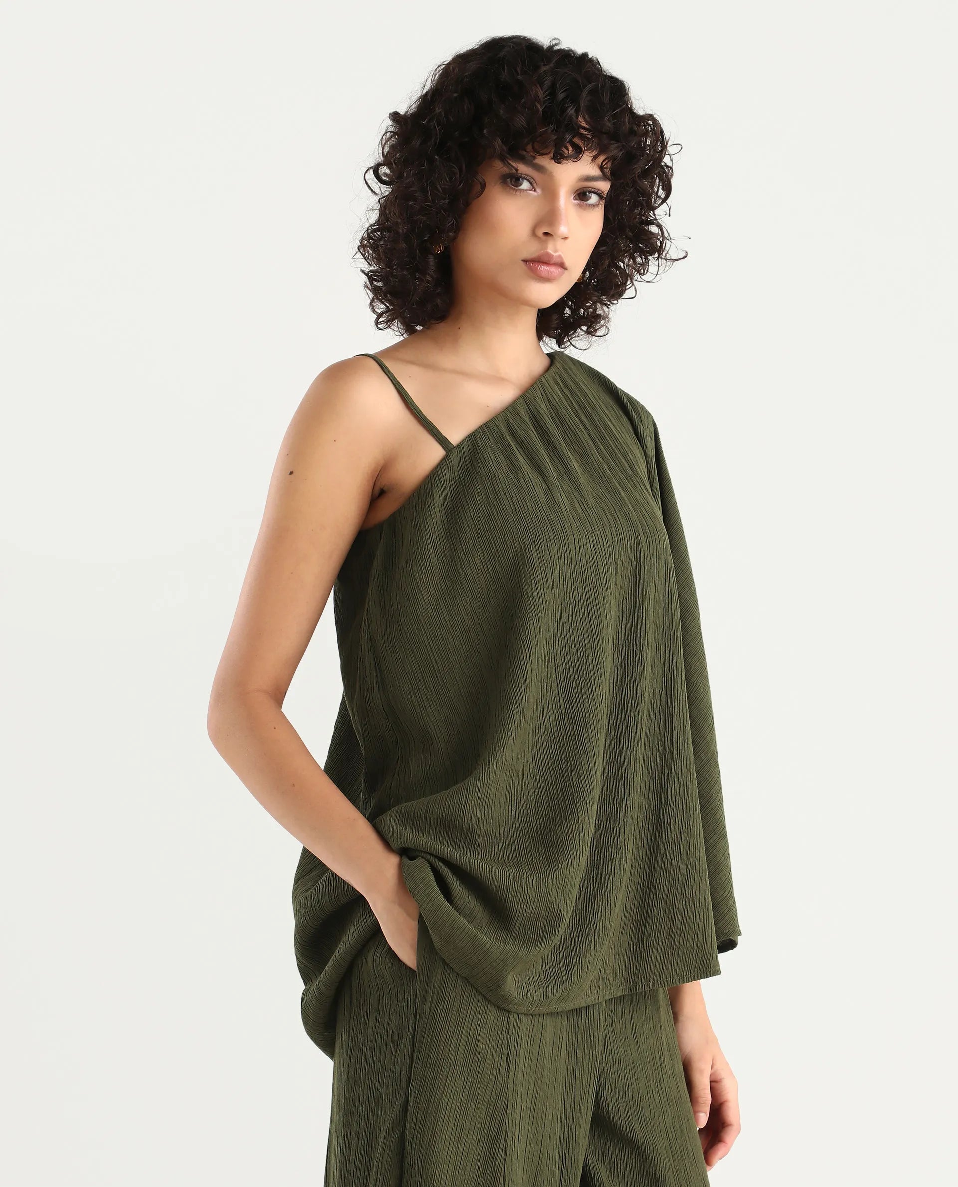 Rareism Women's Aviok-T Olive Nylon Blend One Shoulder Relaxed Plain Top