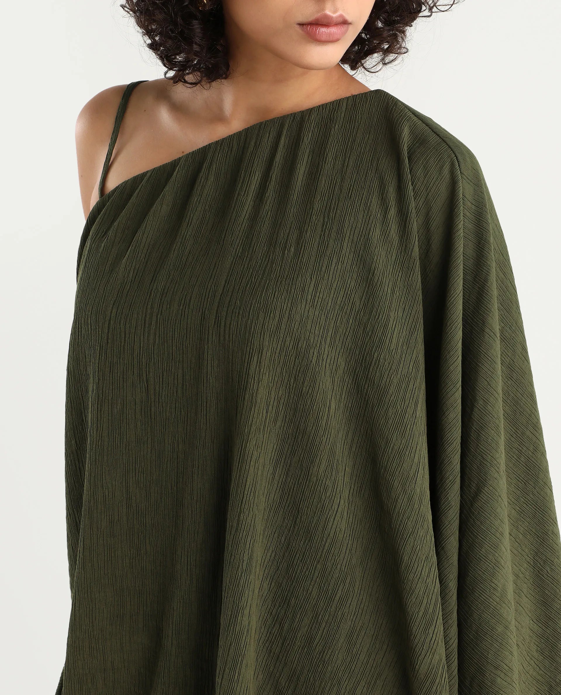 Rareism Women's Aviok-T Olive Nylon Blend One Shoulder Relaxed Plain Top