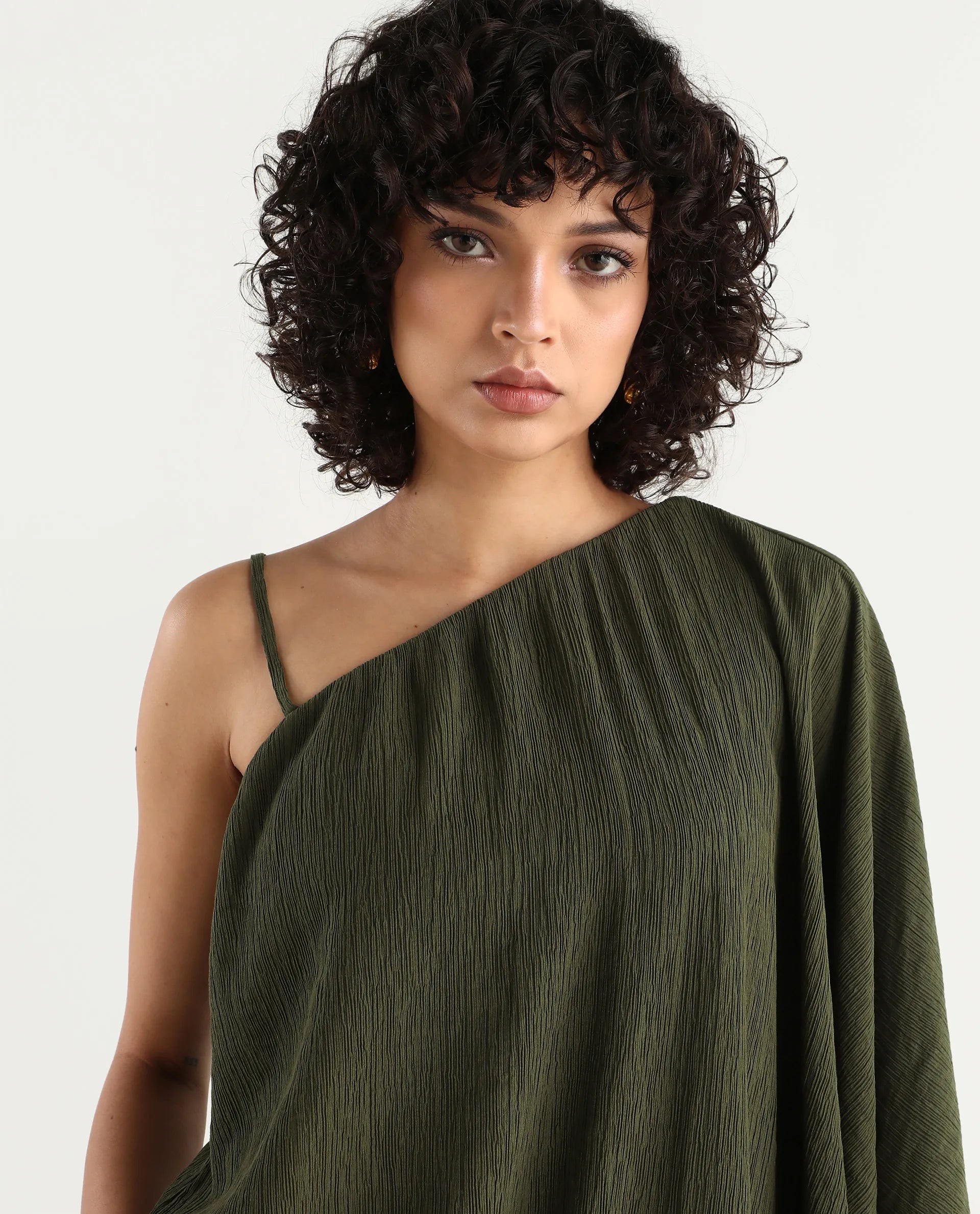 Rareism Women's Aviok-T Olive Nylon Blend One Shoulder Relaxed Plain Top