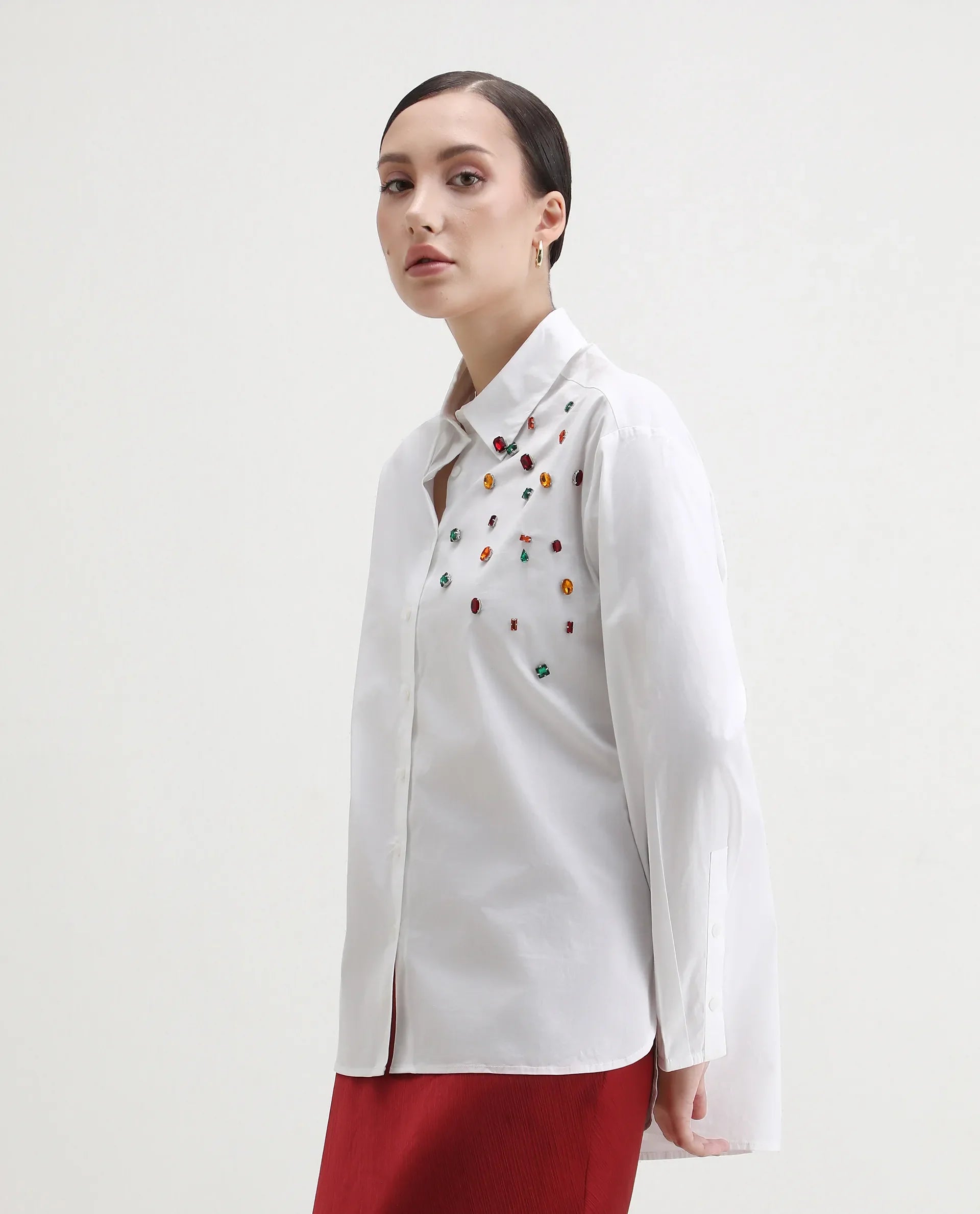 Rareism Women's Avion White Cotton Blend Collared Neck Boxy Fit Shirt