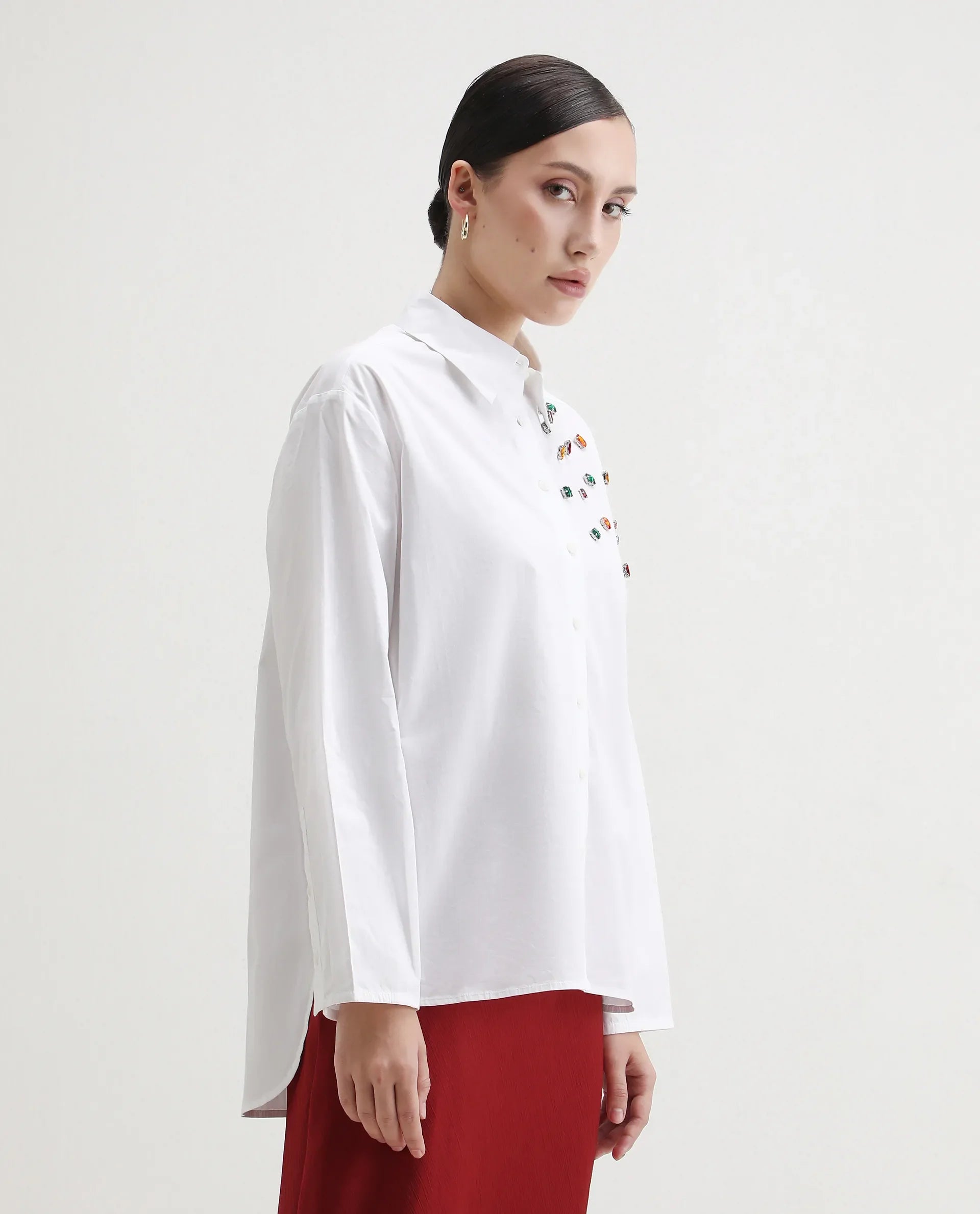 Rareism Women's Avion White Cotton Blend Collared Neck Boxy Fit Shirt