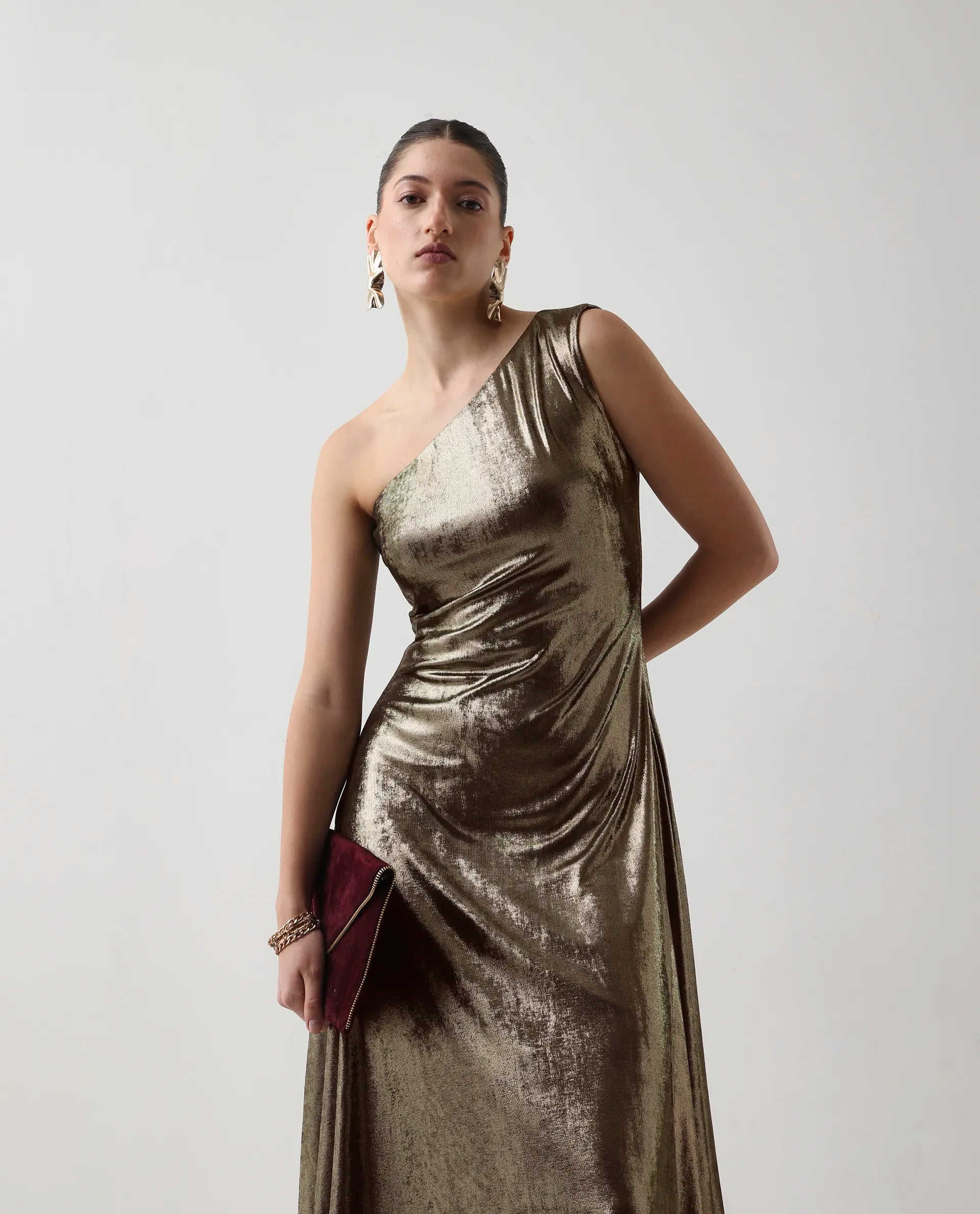 Rareism Women's Avip Gold Polyester One Shoulder Fit And Flare Plain Midi Dress