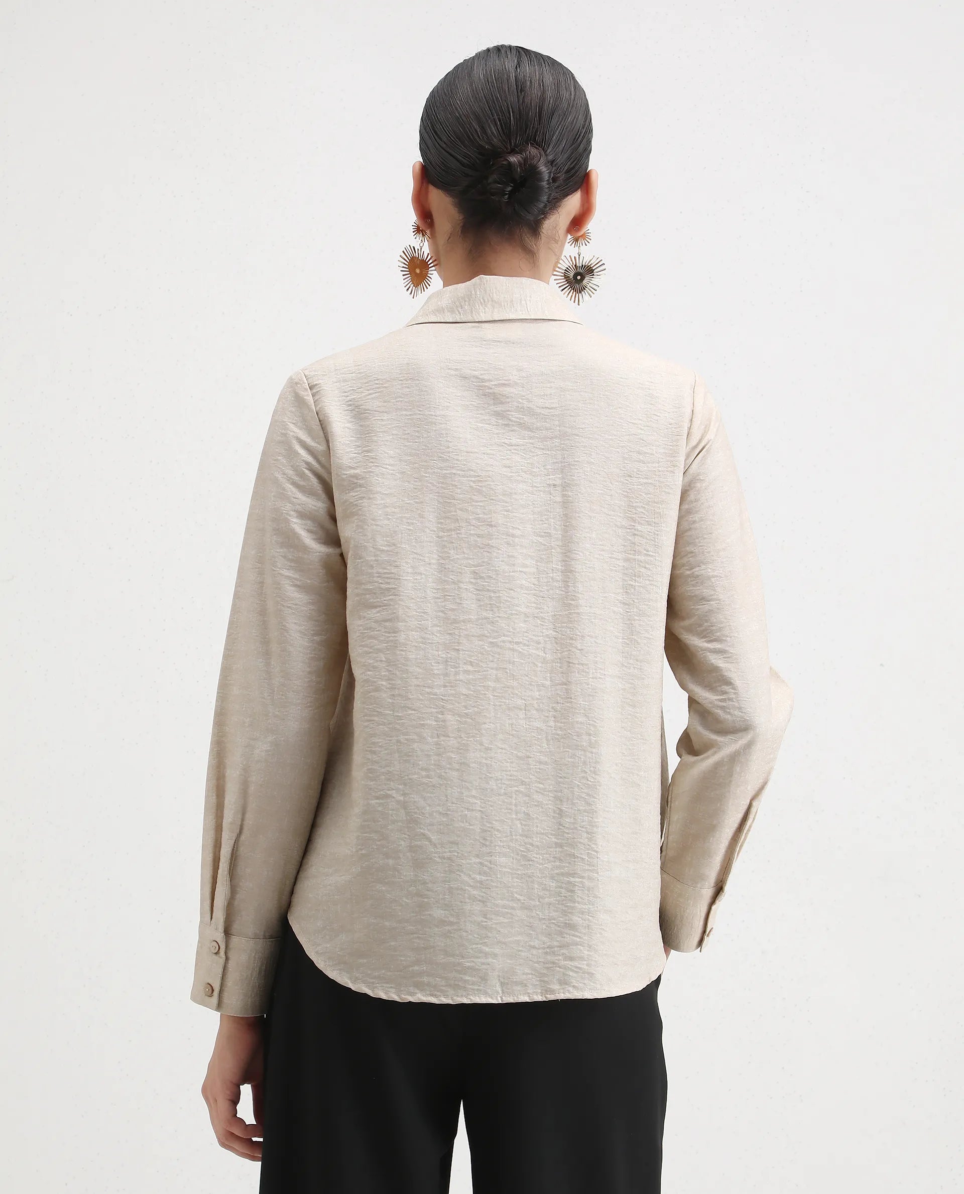 Rareism Women's Avira Beige Nylon Blend Spread Collar Regular Fit Shirt