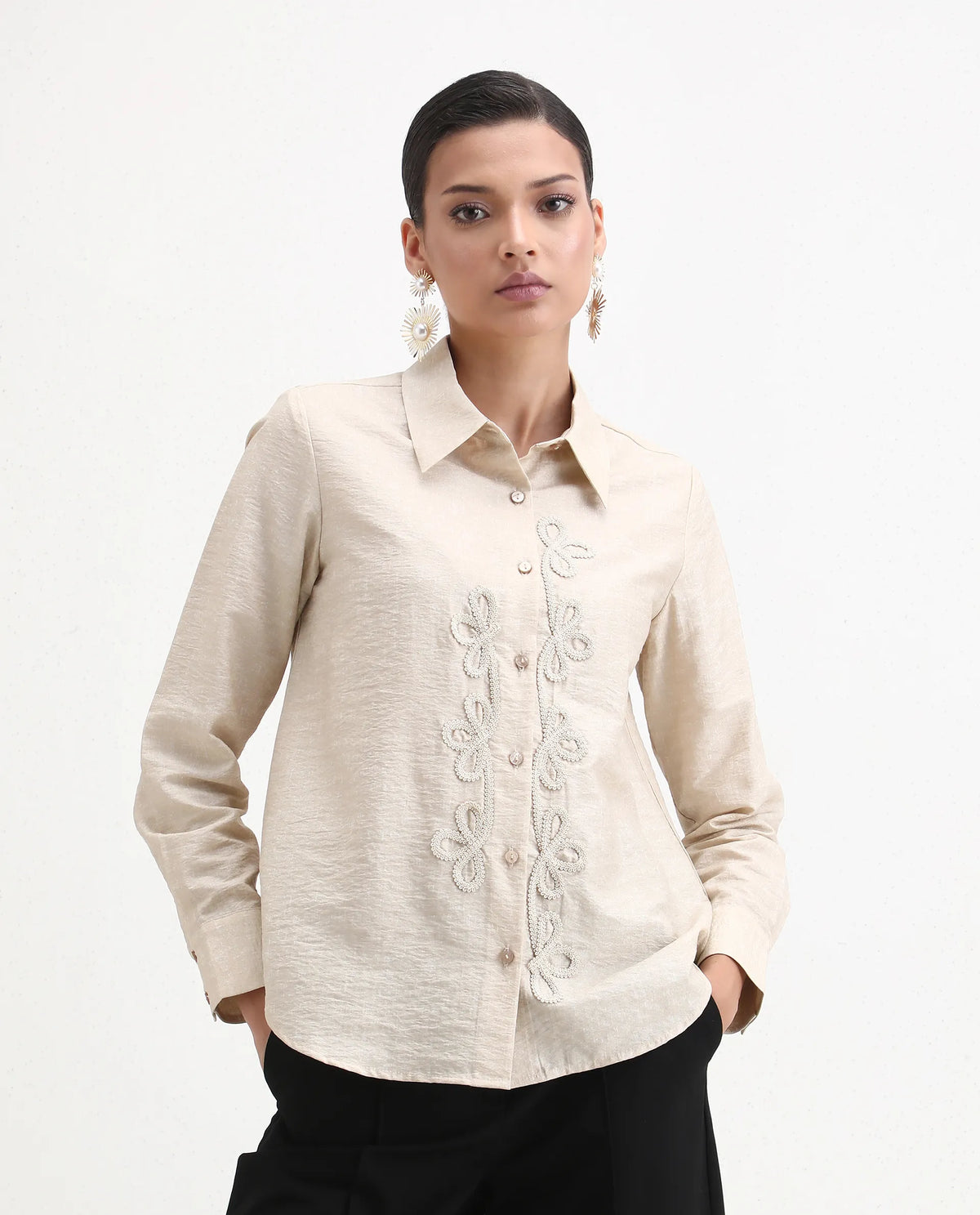 Rareism Women's Avira Beige Nylon Blend Spread Collar Regular Fit Shirt