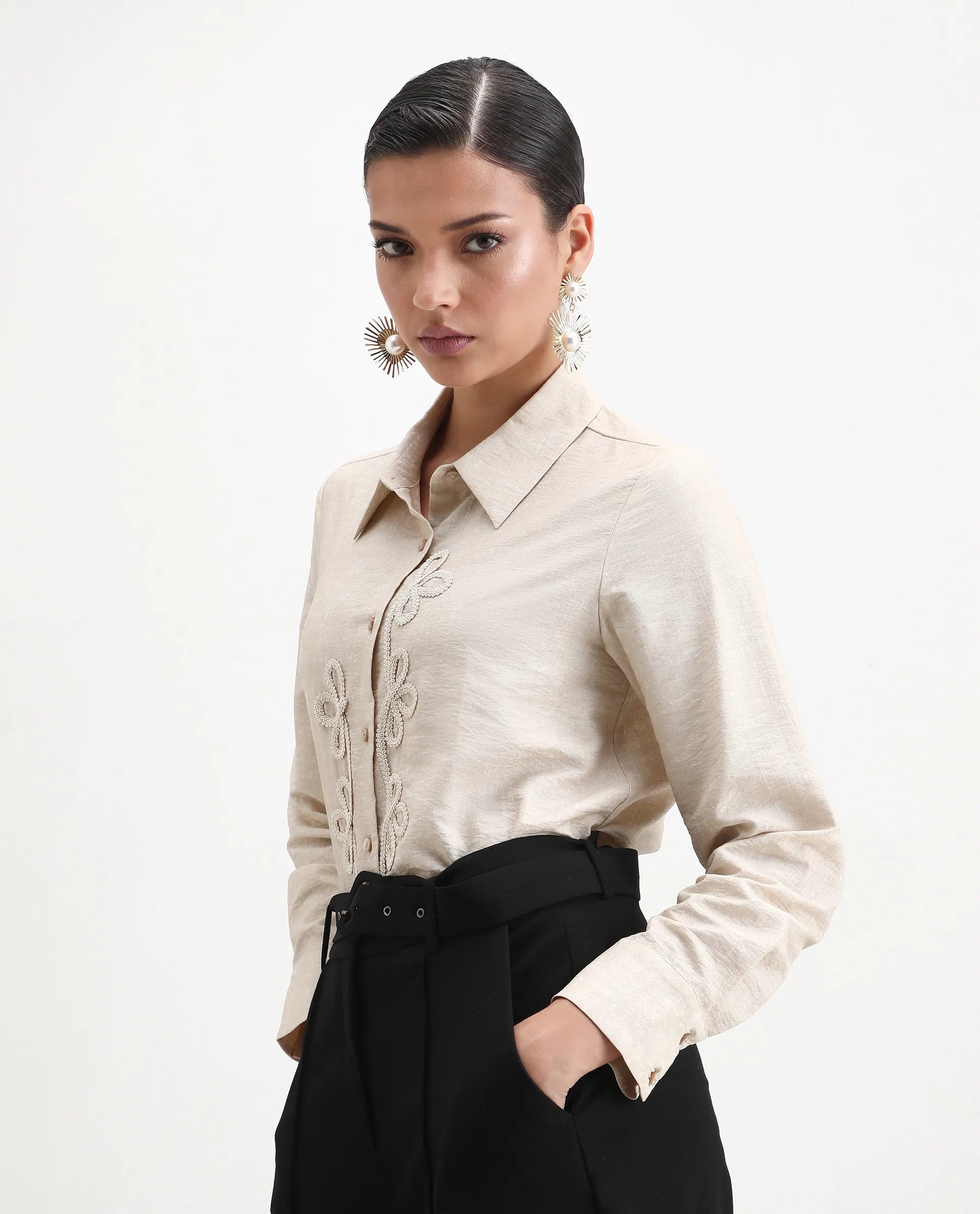 Rareism Women's Avira Beige Nylon Blend Spread Collar Regular Fit Shirt