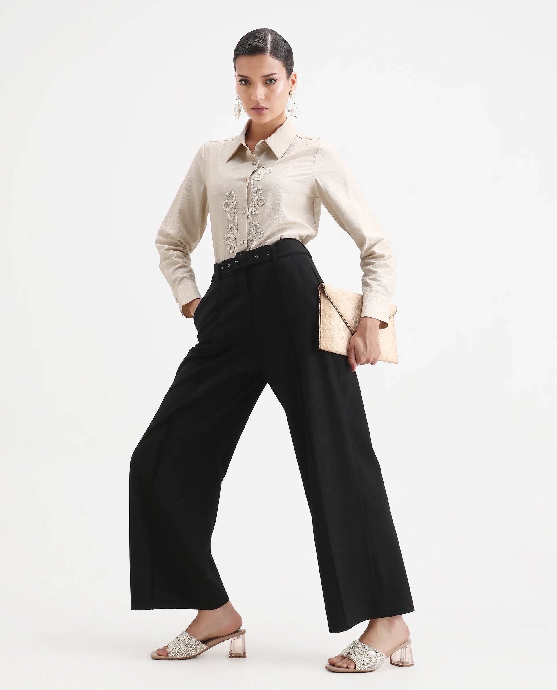 Rareism Women's Avira Beige Nylon Blend Spread Collar Regular Fit Shirt