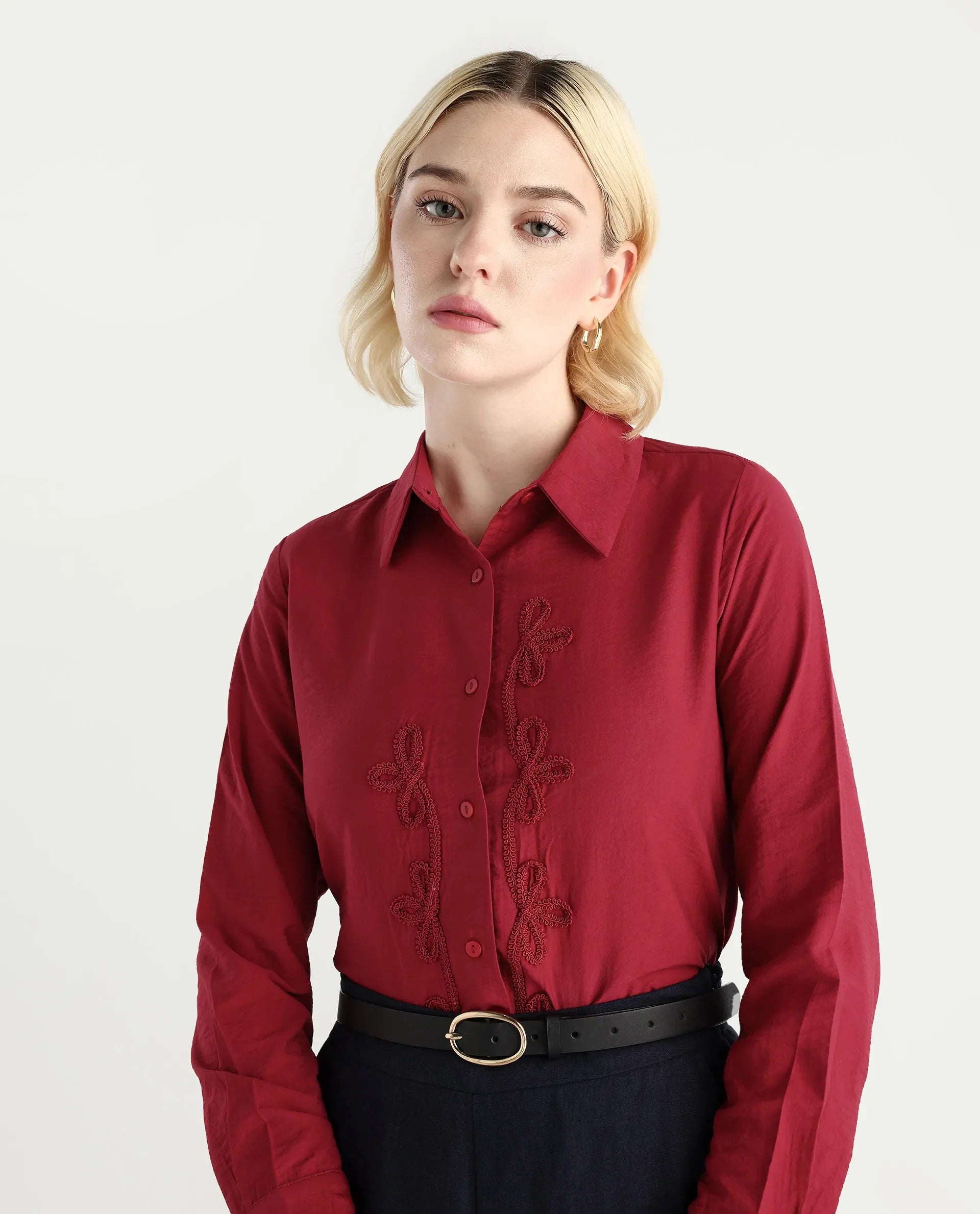 Rareism Women's Avira Red Nylon Blend Spread Collar Regular Fit Shirt