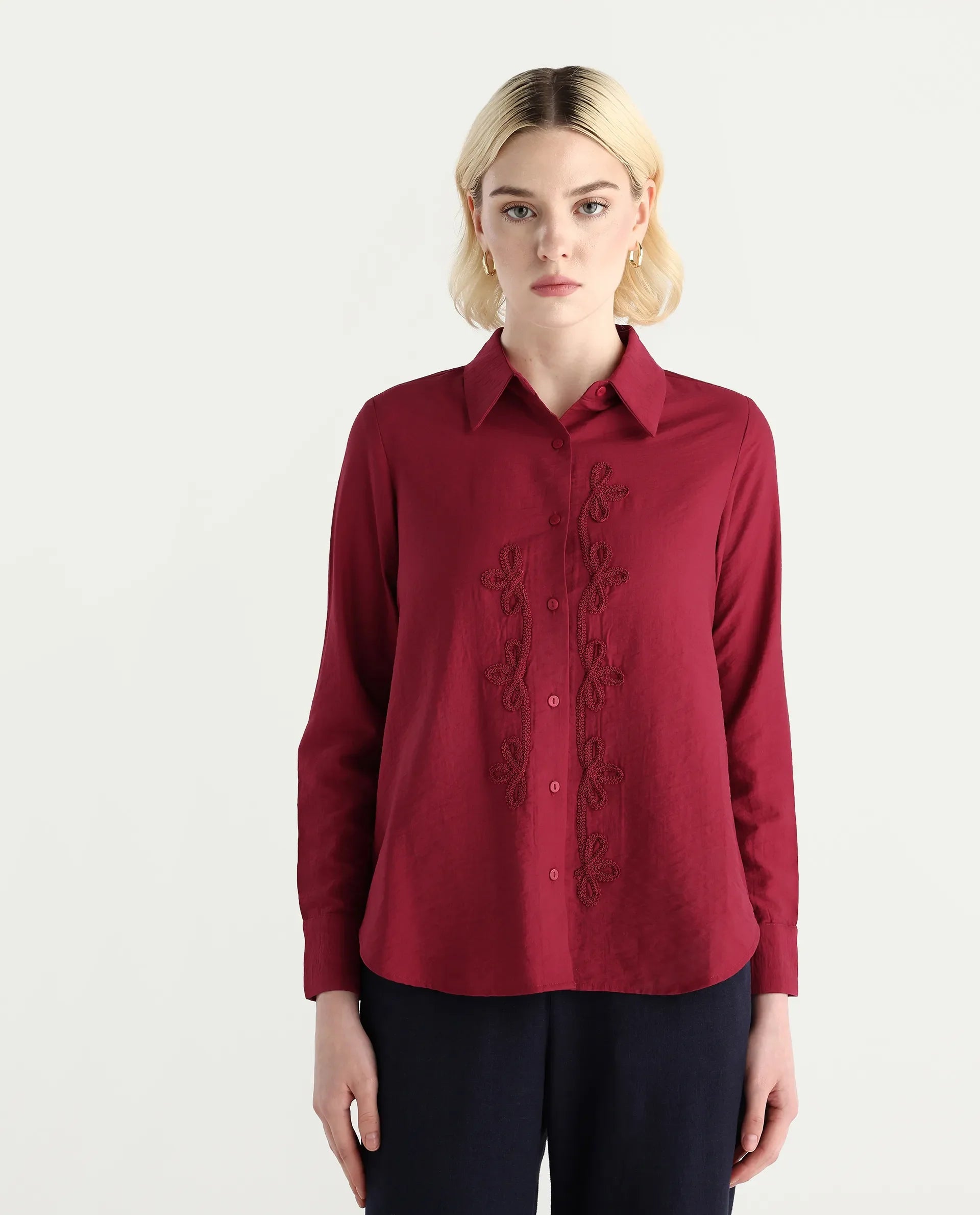 Rareism Women's Avira Red Nylon Blend Spread Collar Regular Fit Shirt