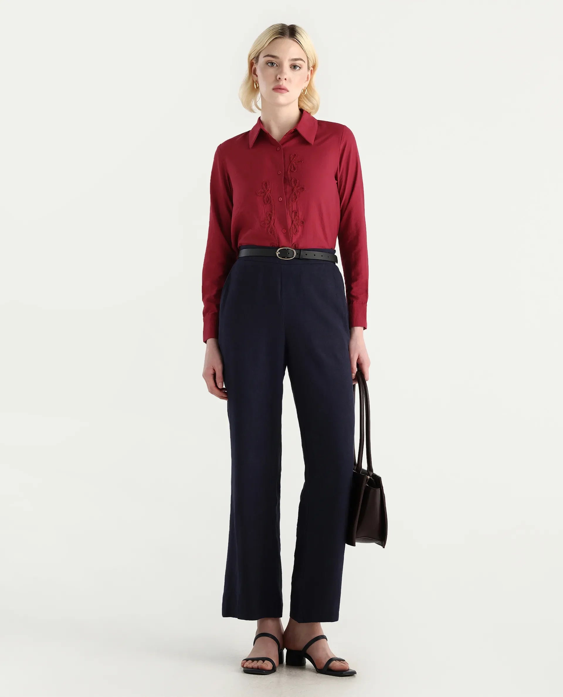 Rareism Women's Avira Red Nylon Blend Spread Collar Regular Fit Shirt