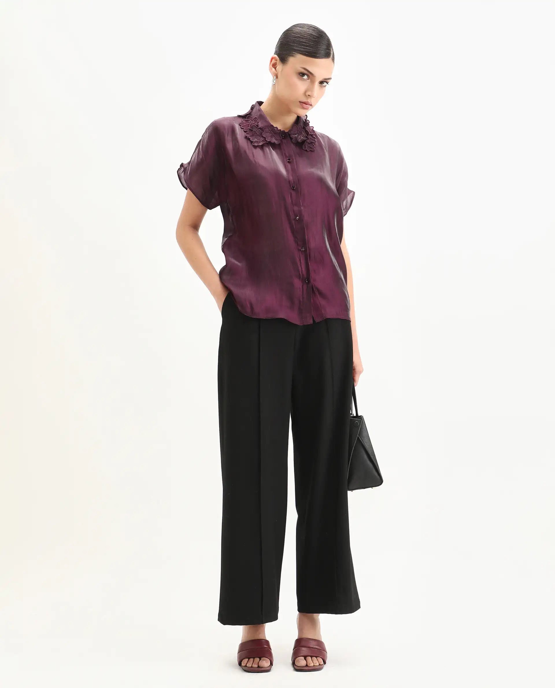 Rareism Women's Avirfa Maroon Polyester Collared Neck Relaxed Fit Shirt