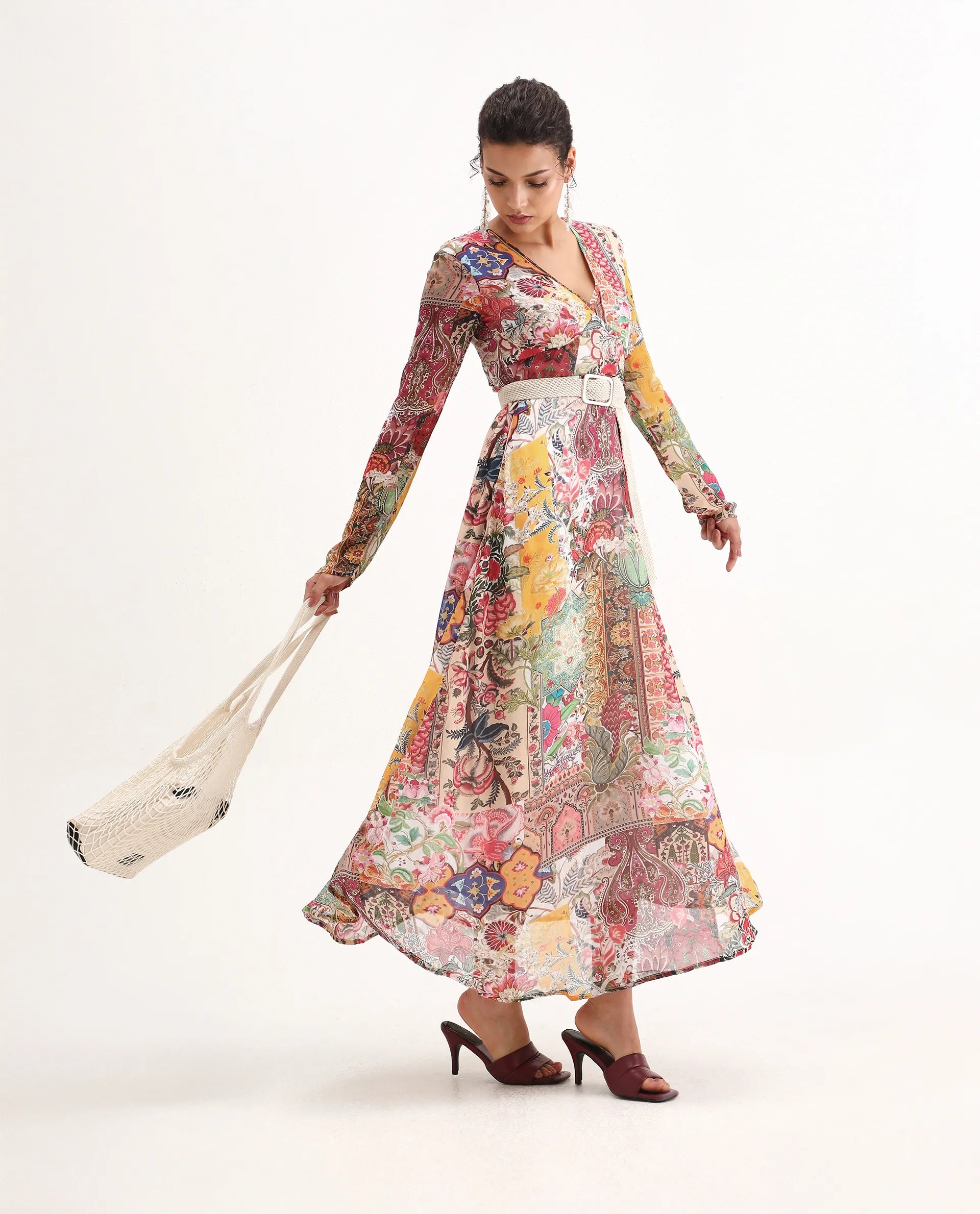 Rareism Women's Avirin Multi Viscose V-Neck Fit And Flare Abstract Print Dress