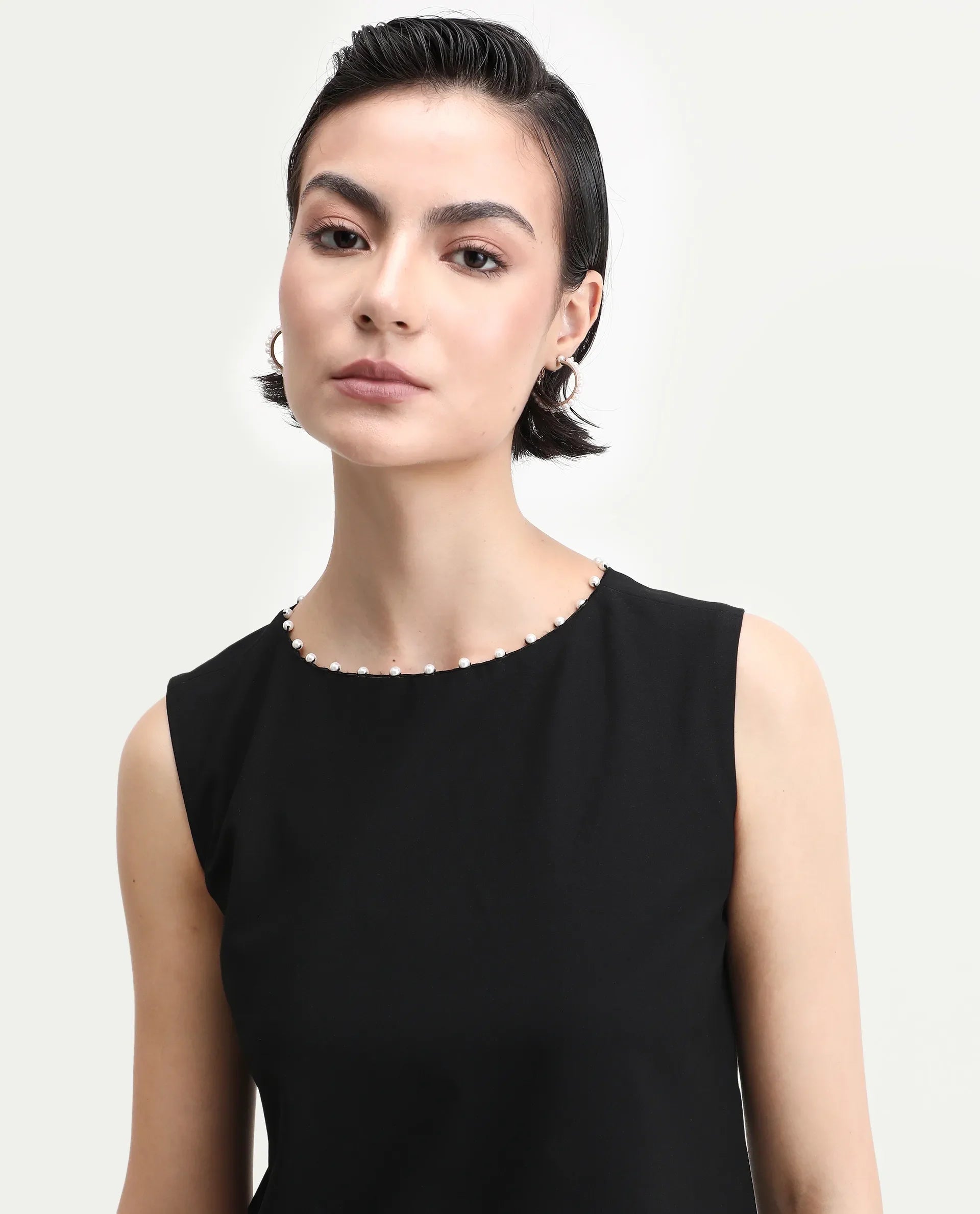 Rareism Women's Avisa Black Lycra Blend Boat Neck Boxy Fit Plain Top