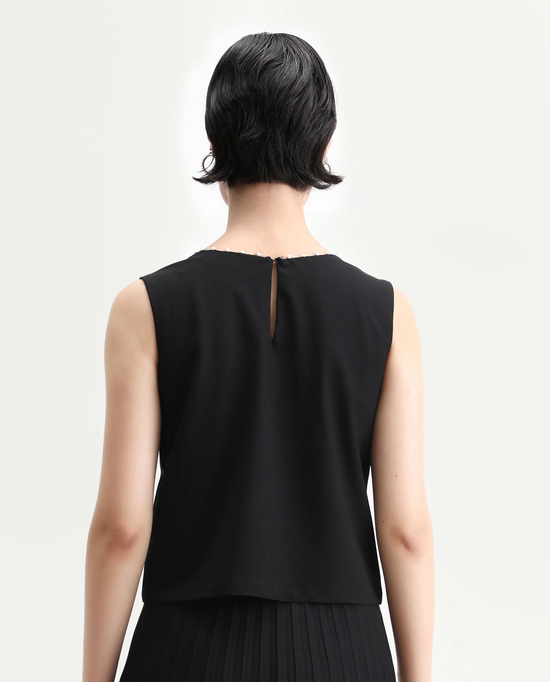 Rareism Women's Avisa Black Lycra Blend Boat Neck Boxy Fit Plain Top