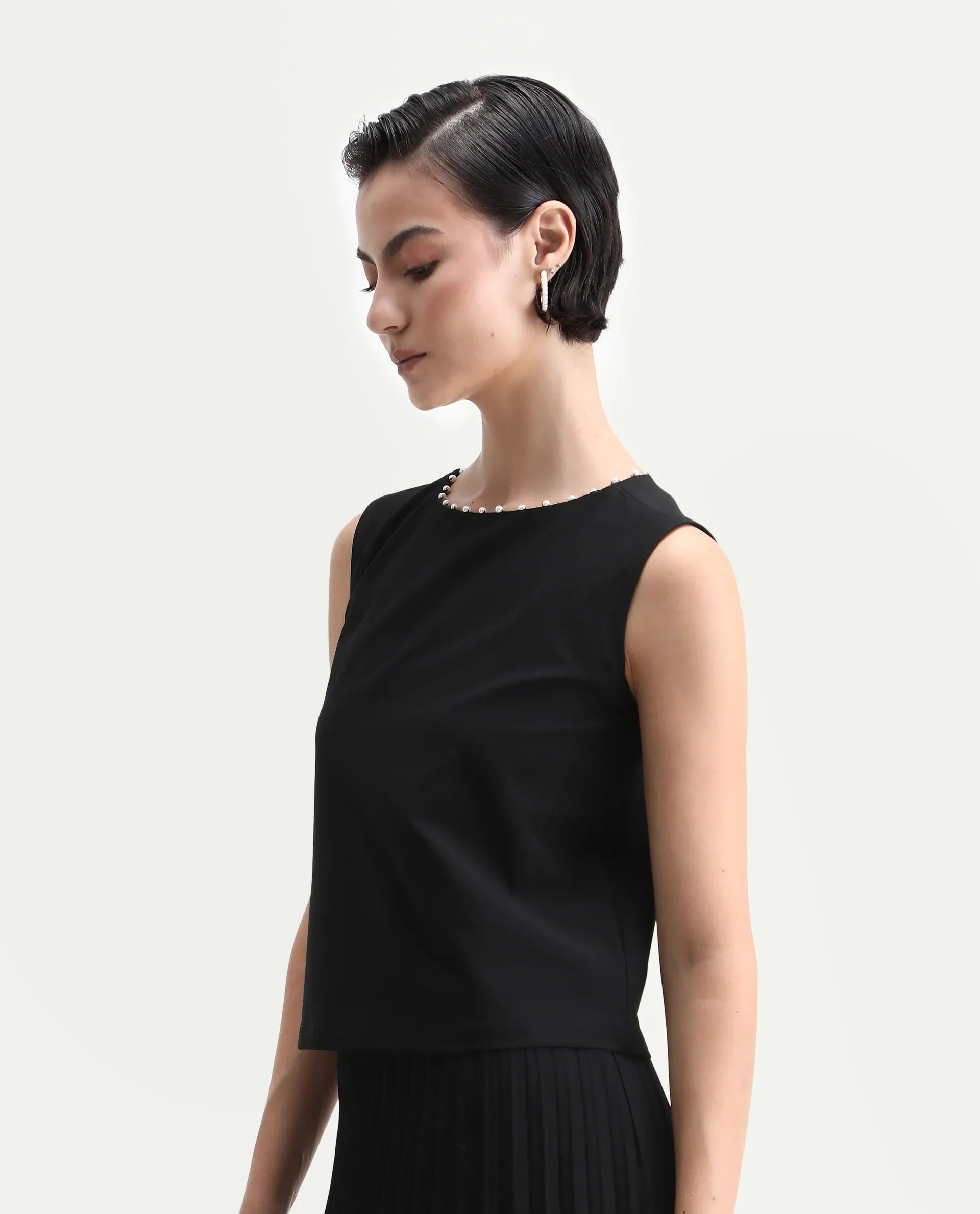 Rareism Women's Avisa Black Lycra Blend Boat Neck Boxy Fit Plain Top