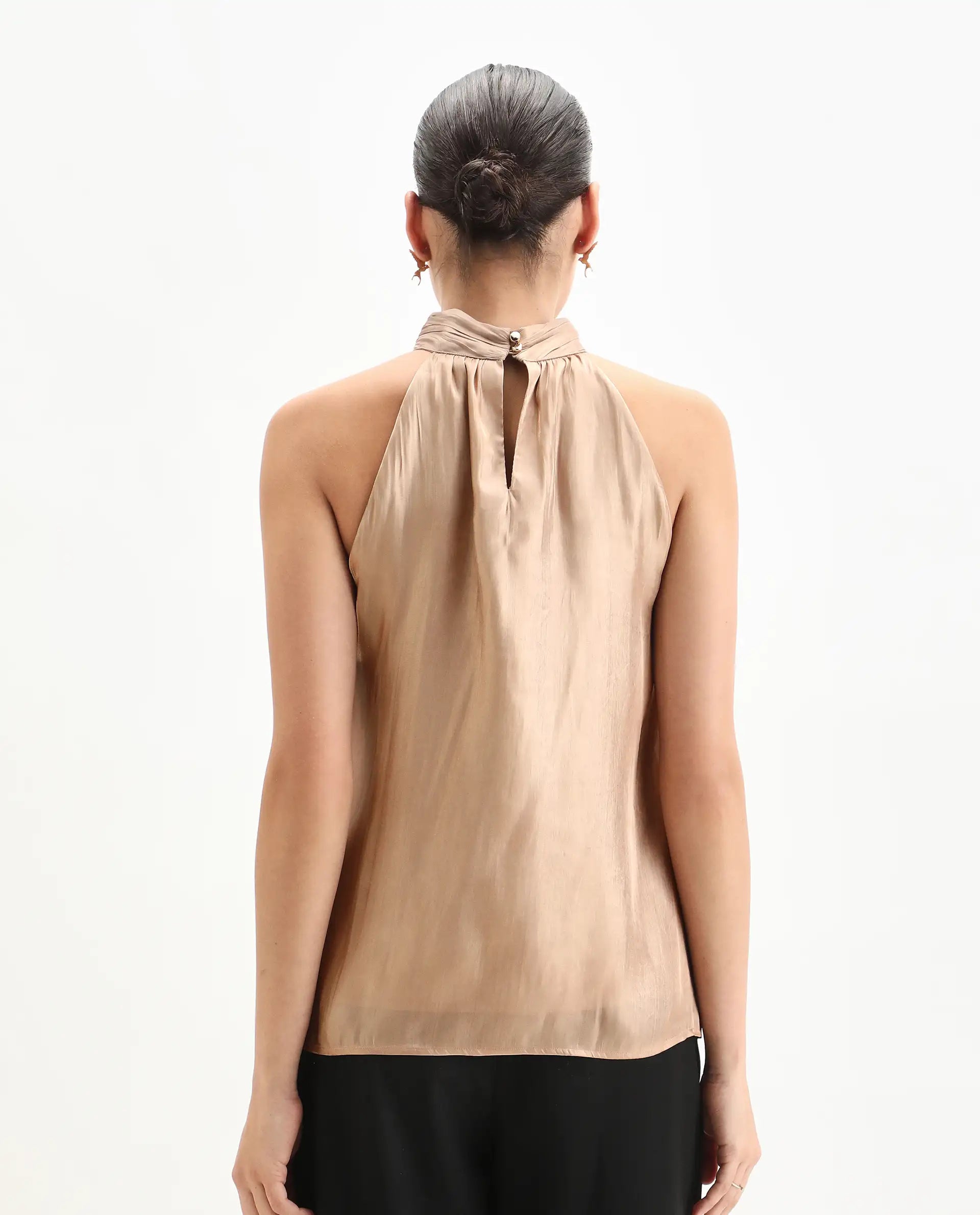 Rareism Women's Avisna Metalic Gold Polyester Halter Neck Regular Fit Plain Top