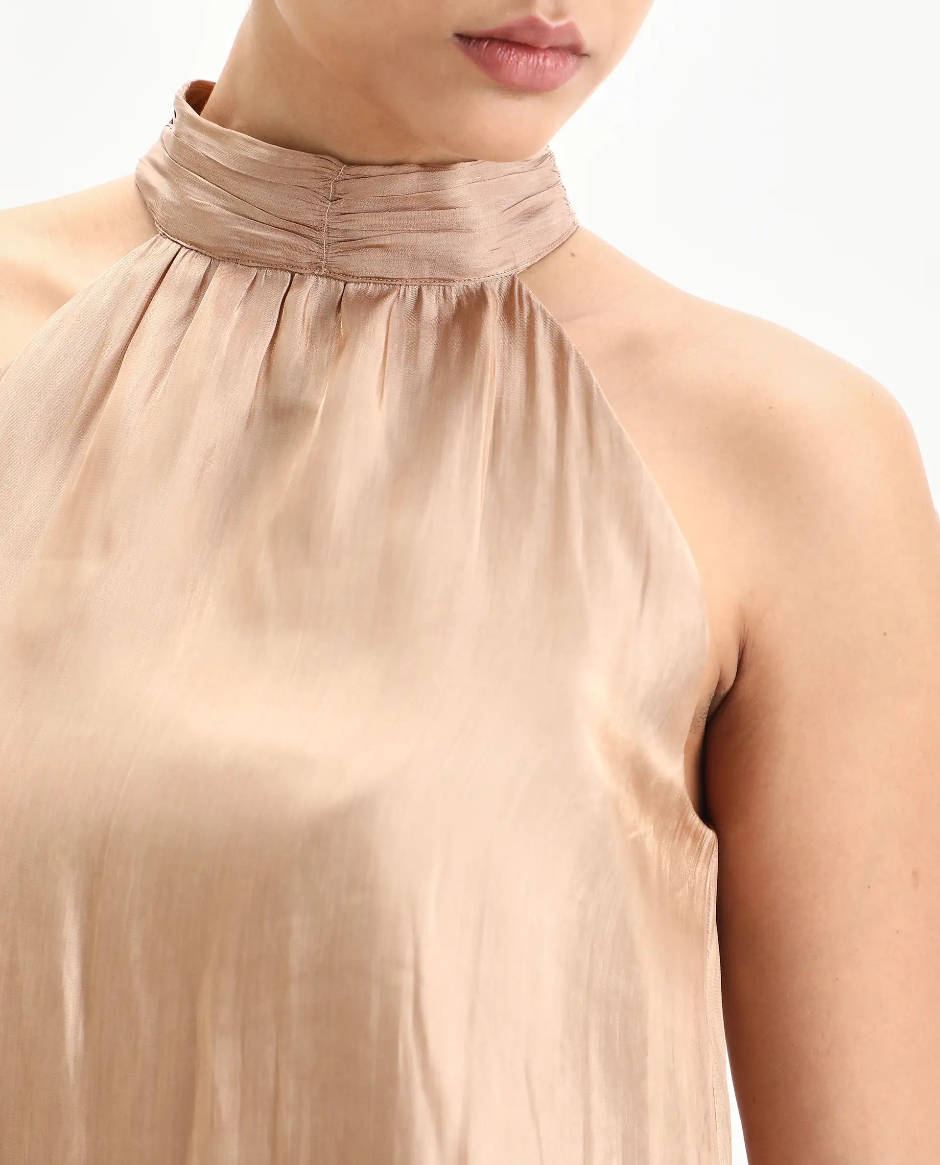 Rareism Women's Avisna Metalic Gold Polyester Halter Neck Regular Fit Plain Top