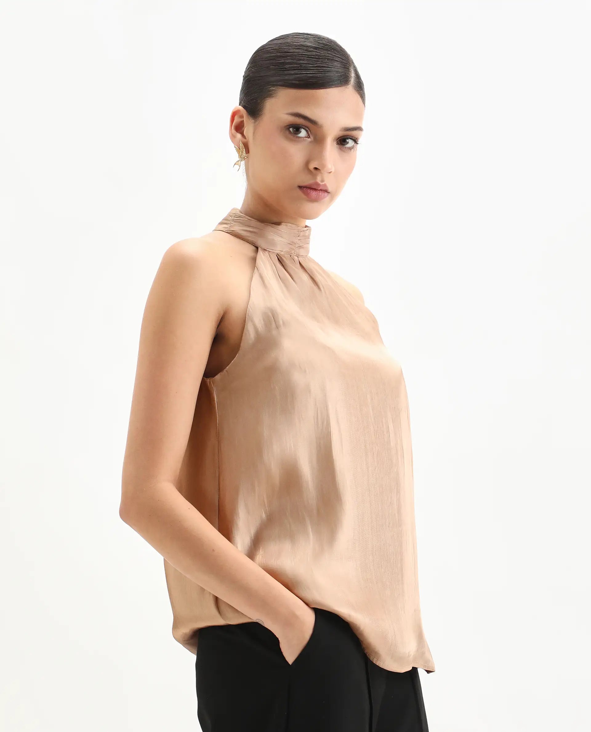 Rareism Women's Avisna Metalic Gold Polyester Halter Neck Regular Fit Plain Top