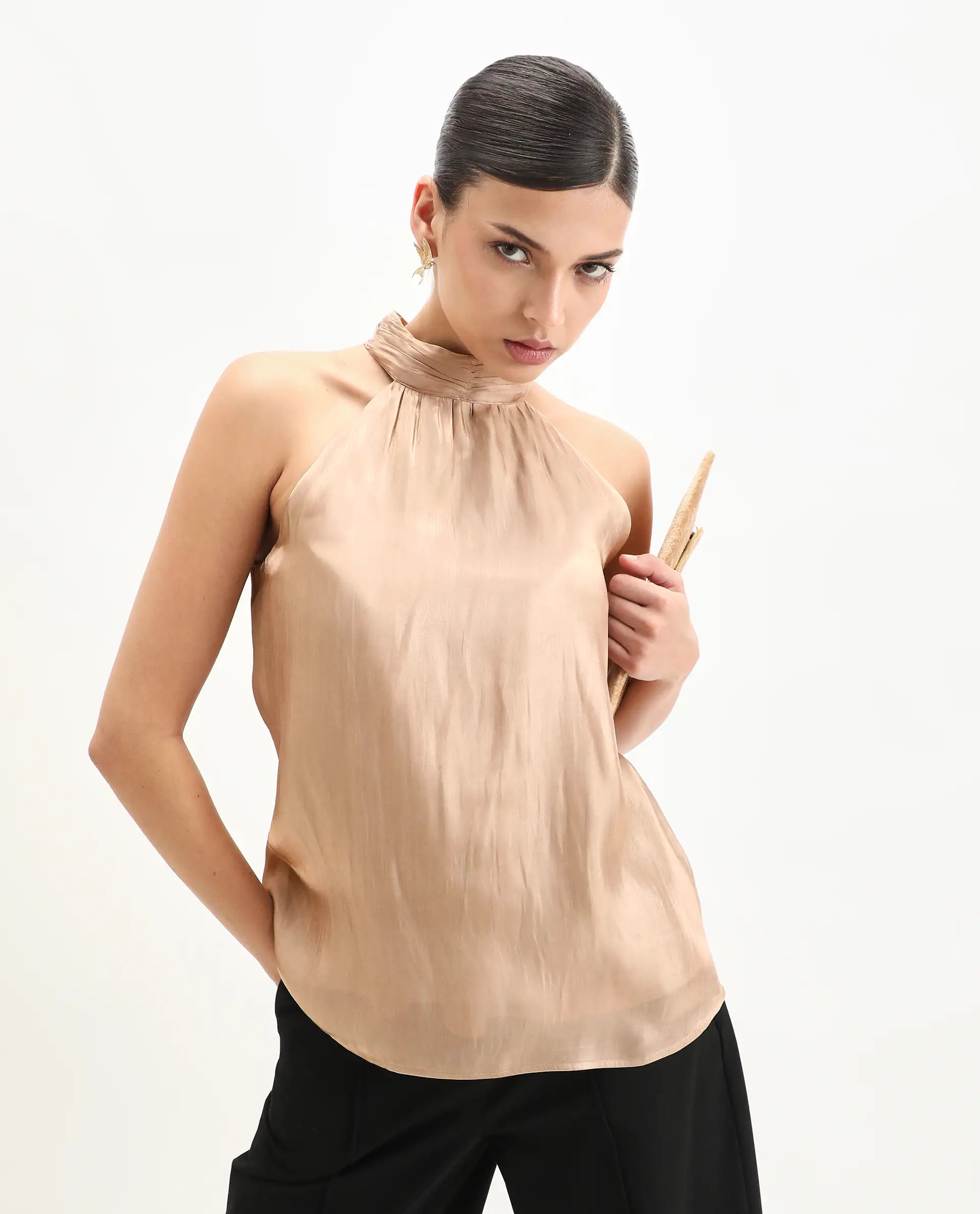 Rareism Women's Avisna Metalic Gold Polyester Halter Neck Regular Fit Plain Top