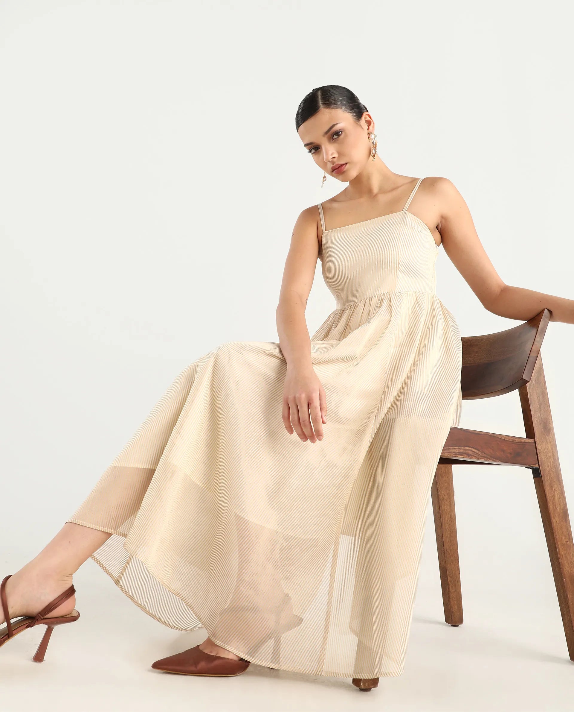 Rareism Women Avisnat Off White Elastic Closure Fit And Flared Midi Length Striped Dress