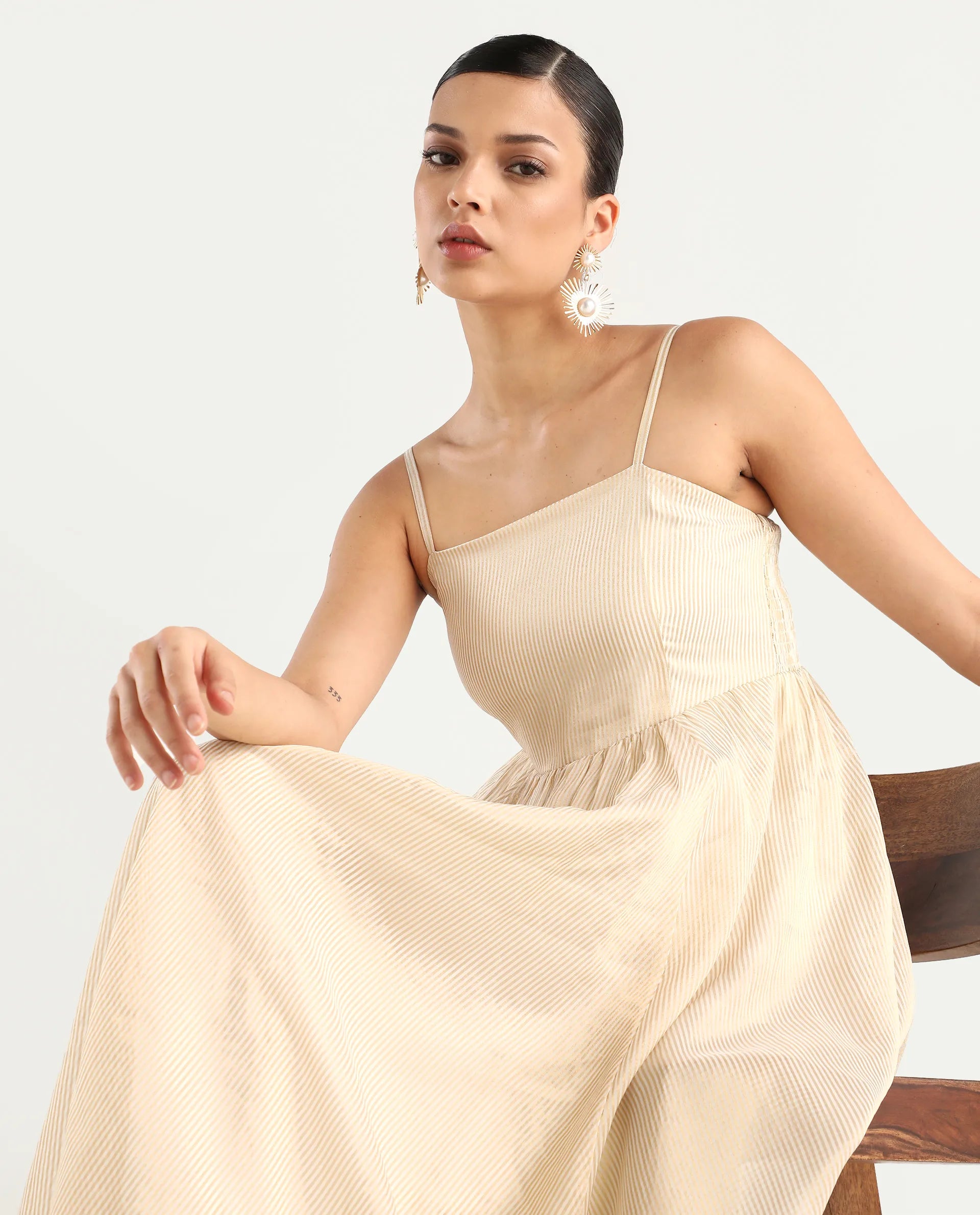 Rareism Women Avisnat Off White Elastic Closure Fit And Flared Midi Length Striped Dress