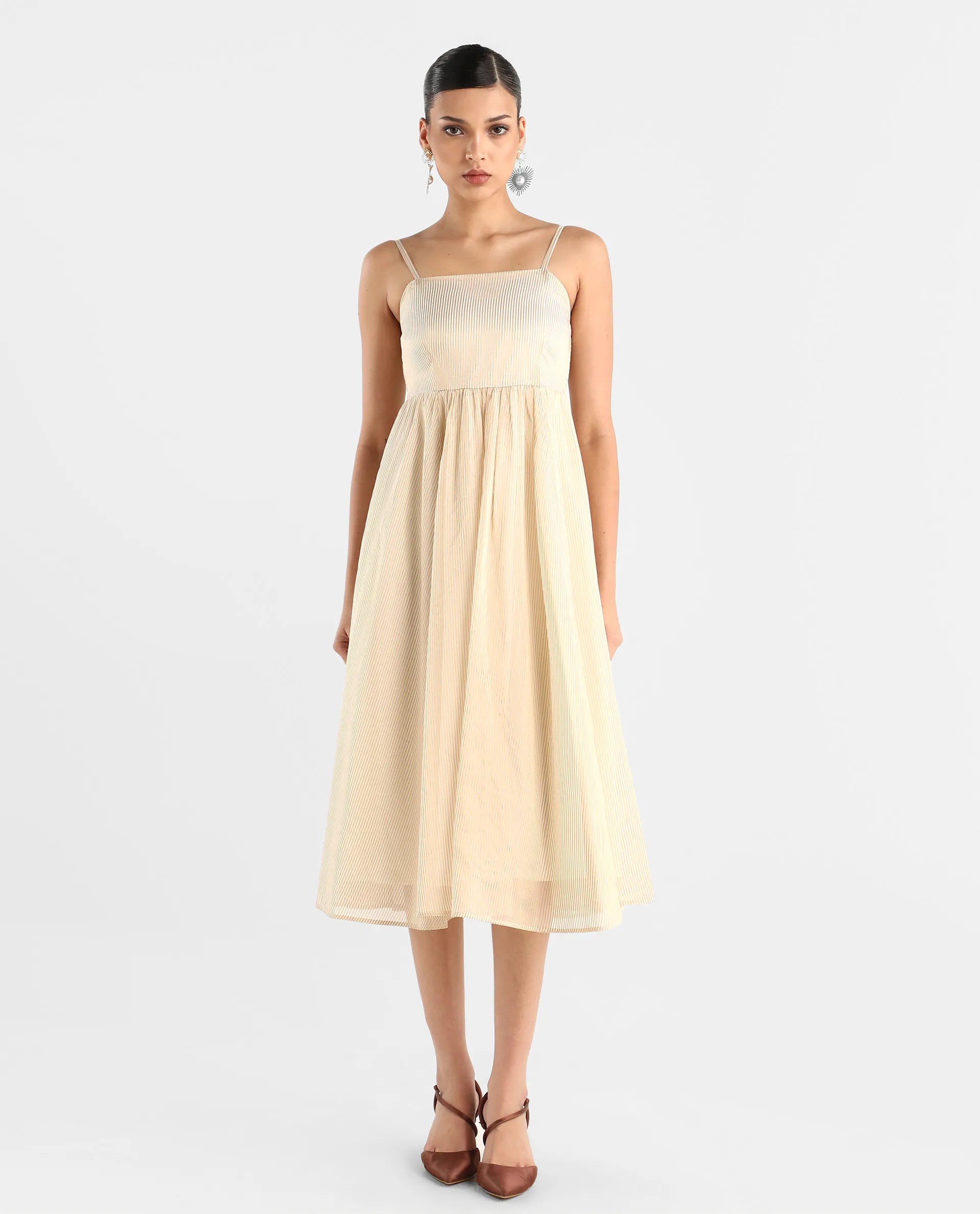 Rareism Women Avisnat Off White Elastic Closure Fit And Flared Midi Length Striped Dress