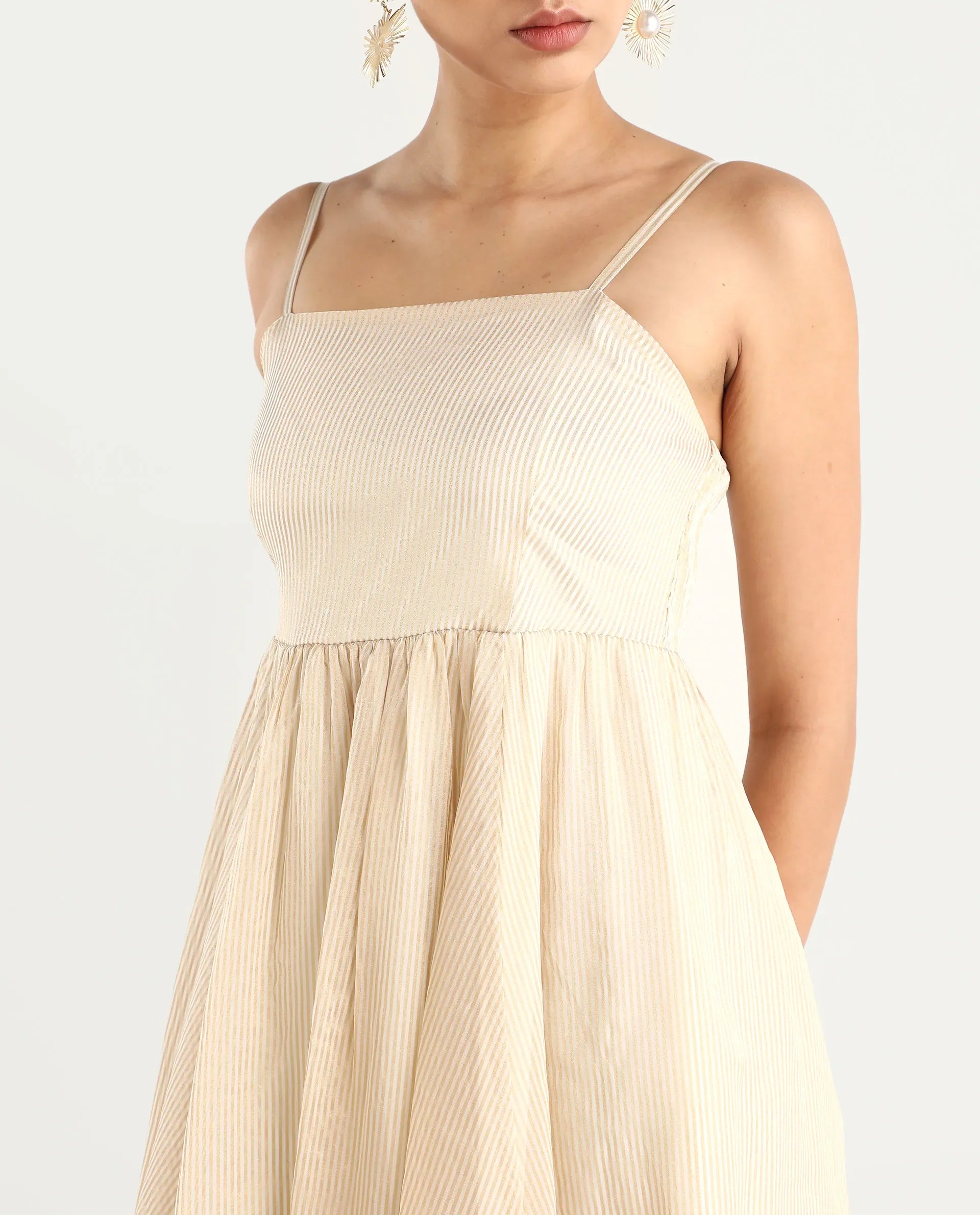 Rareism Women Avisnat Off White Elastic Closure Fit And Flared Midi Length Striped Dress