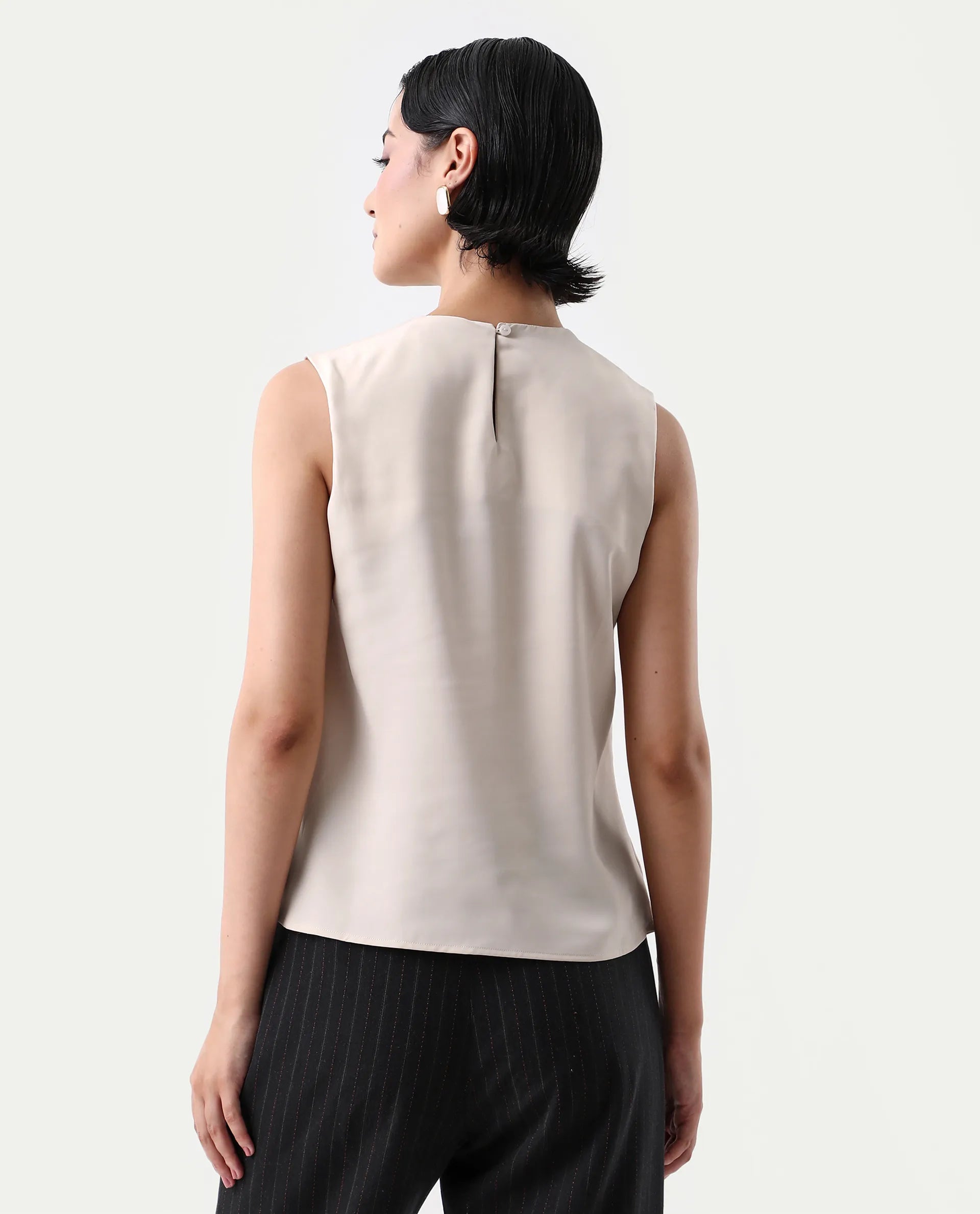 Rareism Women's Aviso Beige Polyester Round Neck Regular Fit Plain Top