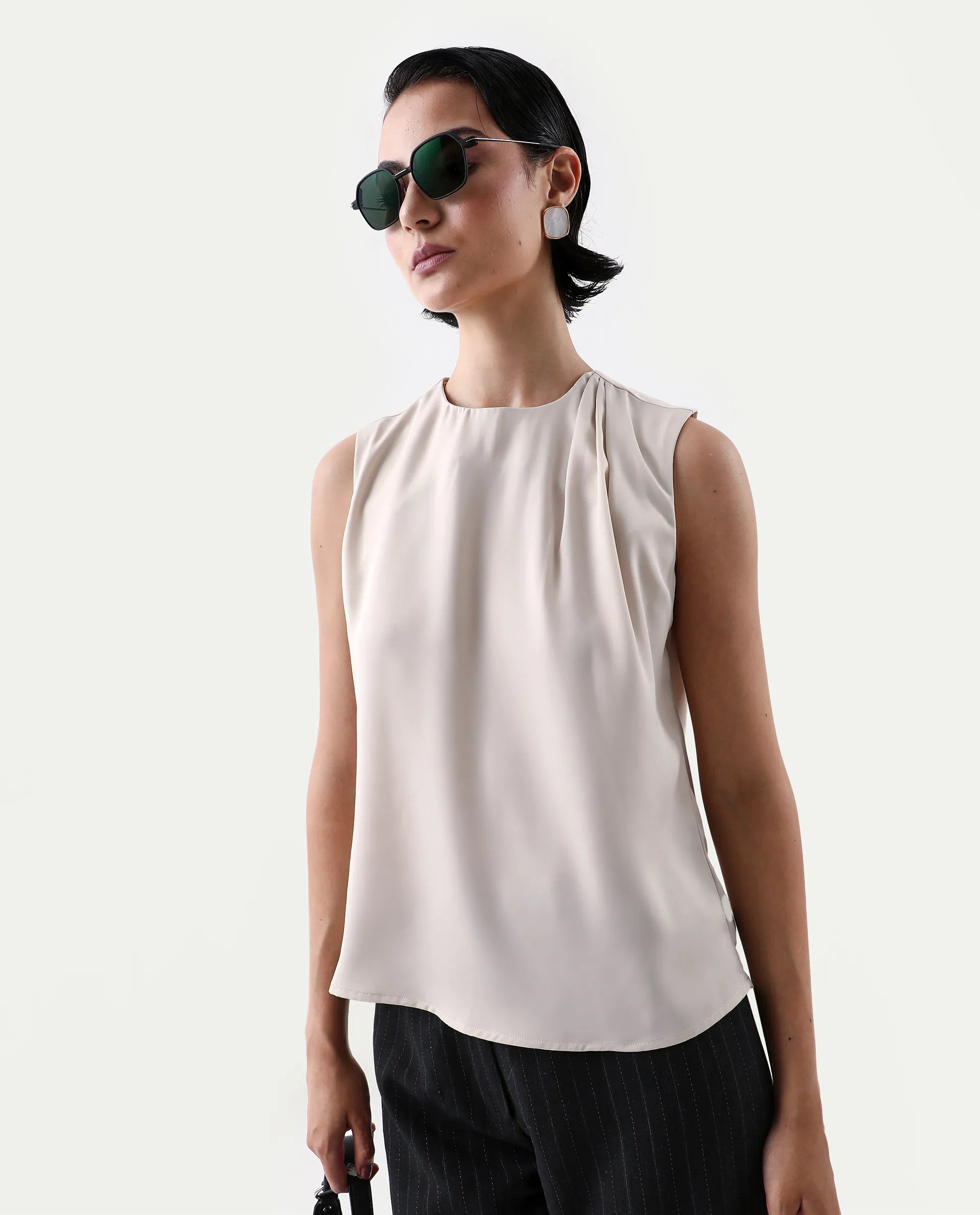 Rareism Women's Aviso Beige Polyester Round Neck Regular Fit Plain Top