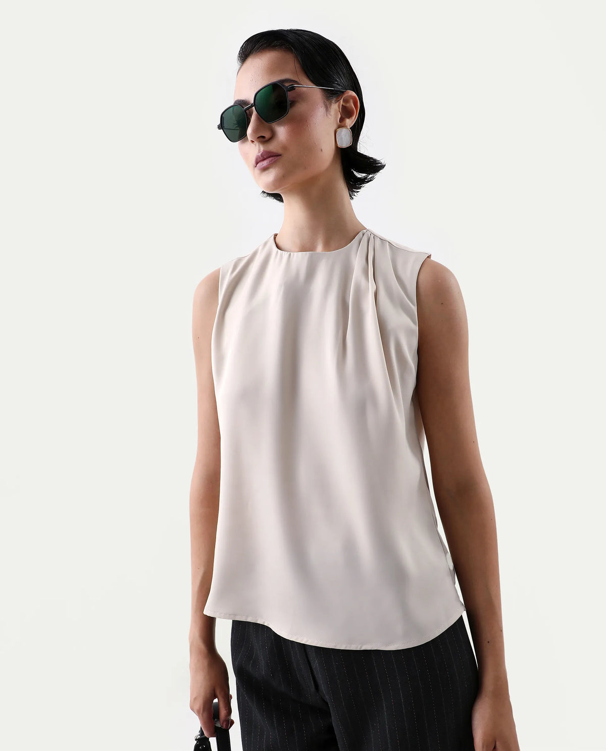 Rareism Women's Aviso Beige Polyester Round Neck Regular Fit Plain Top