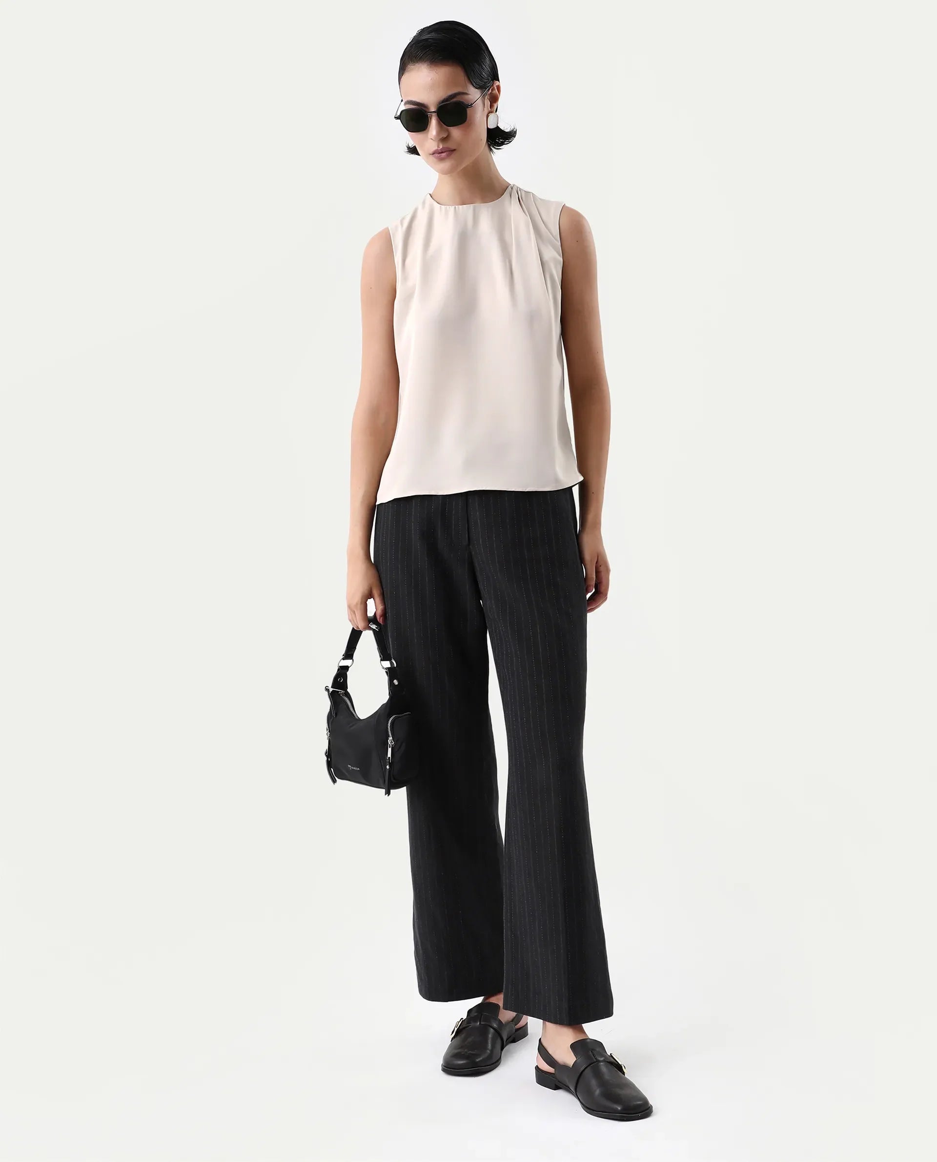 Rareism Women's Aviso Beige Polyester Round Neck Regular Fit Plain Top