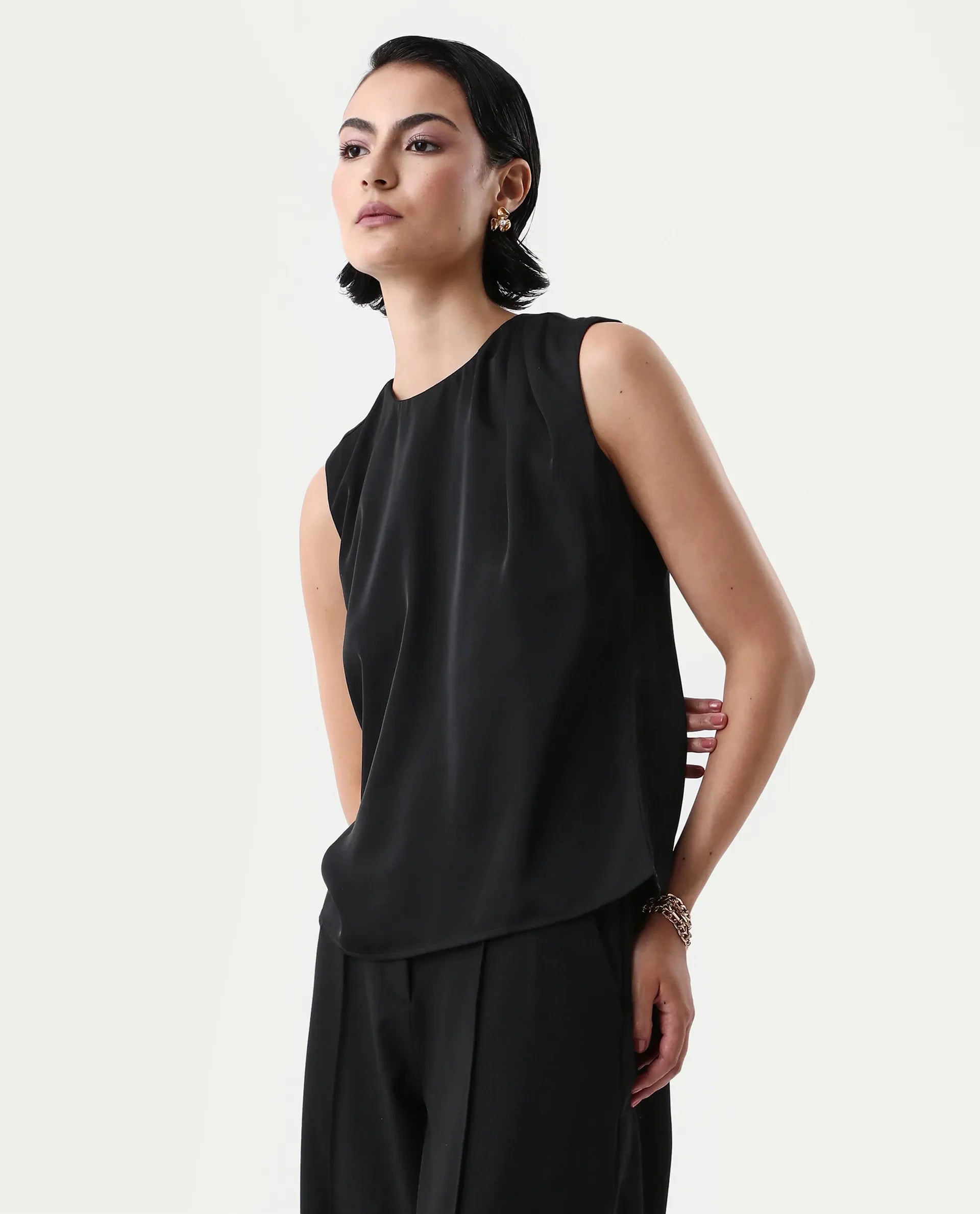 Rareism Women's Aviso Black Polyester Round Neck Regular Fit Plain Top