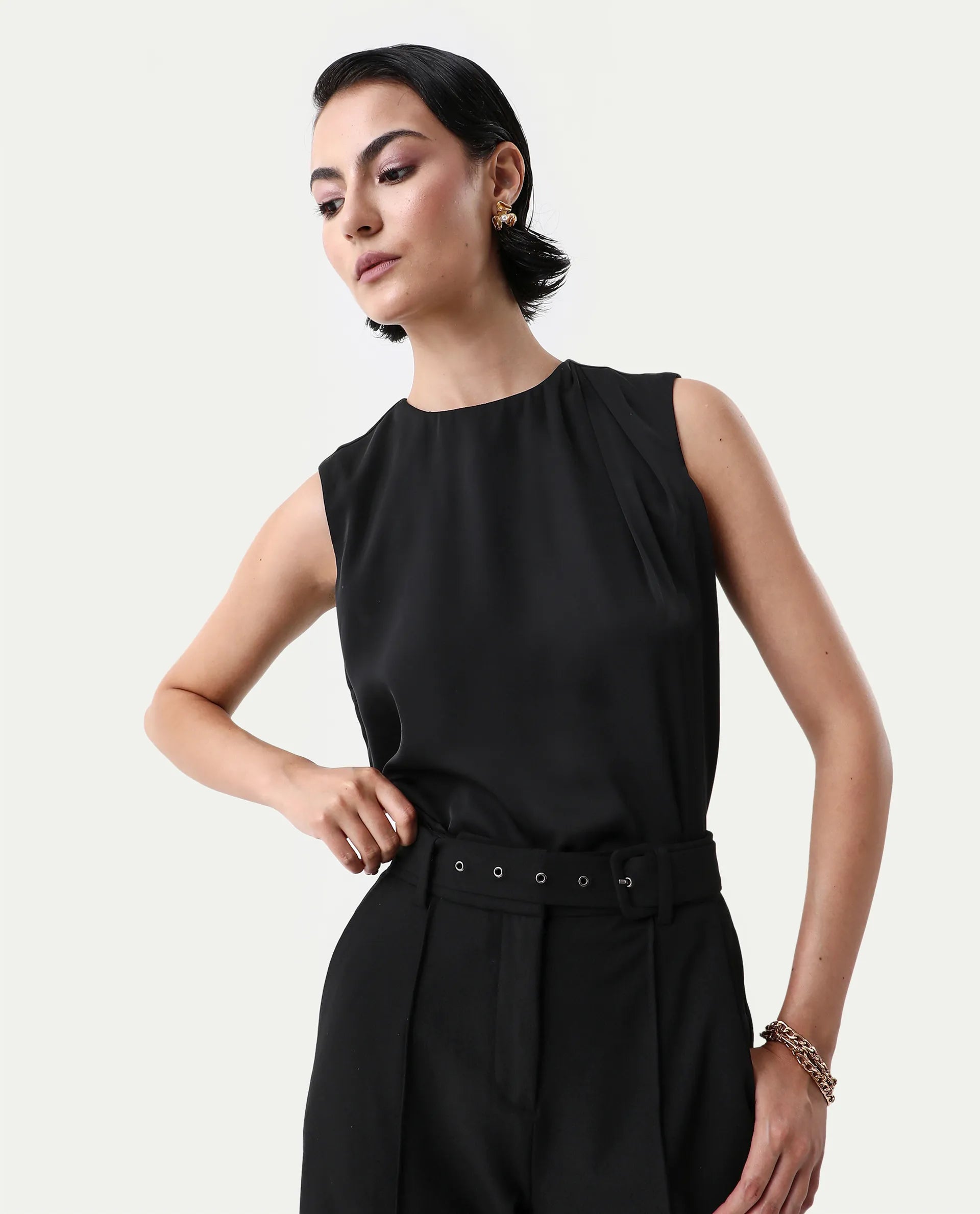 Rareism Women's Aviso Black Polyester Round Neck Regular Fit Plain Top