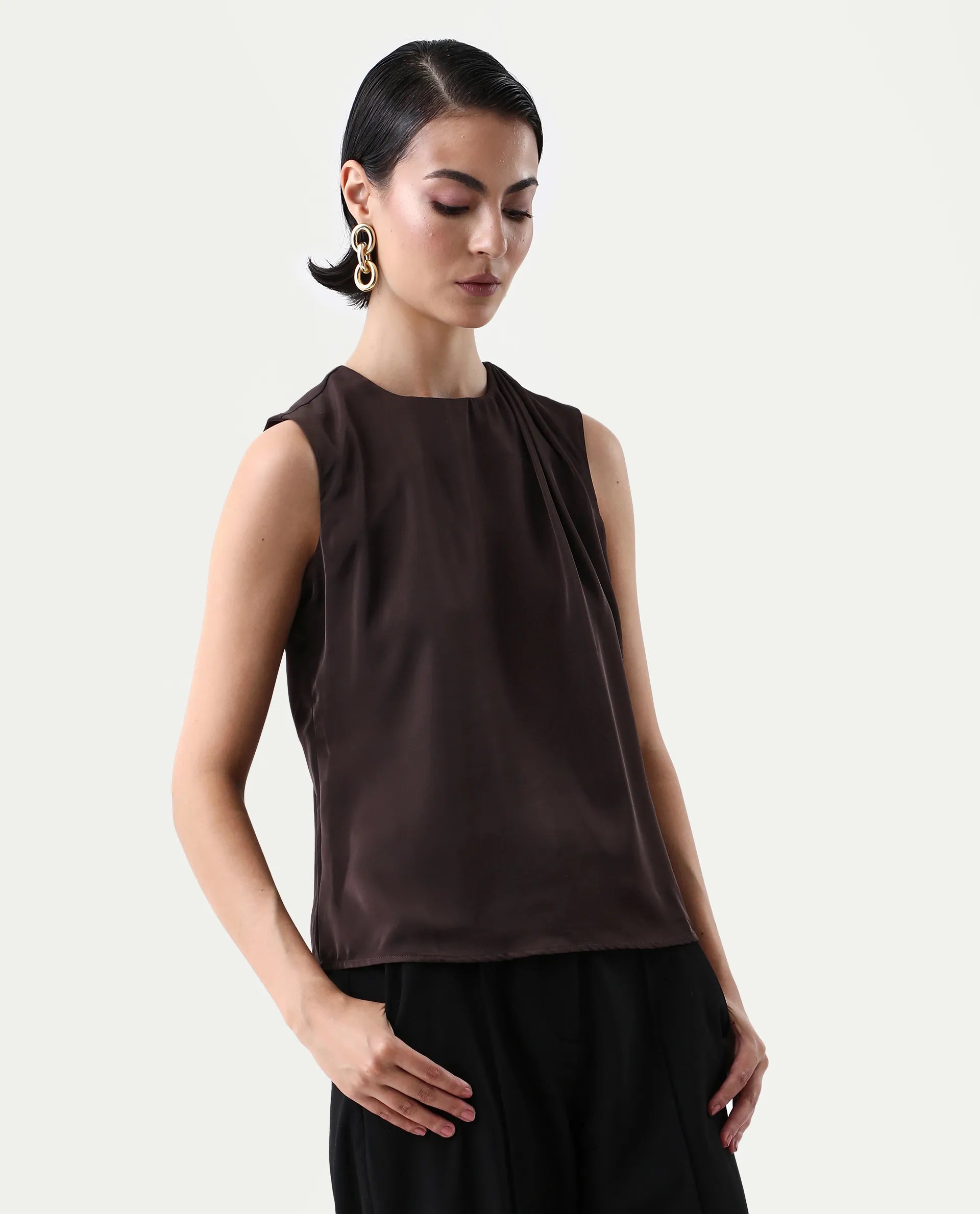 Rareism Women's Aviso Brown Polyester Round Neck Regular Fit Plain Top