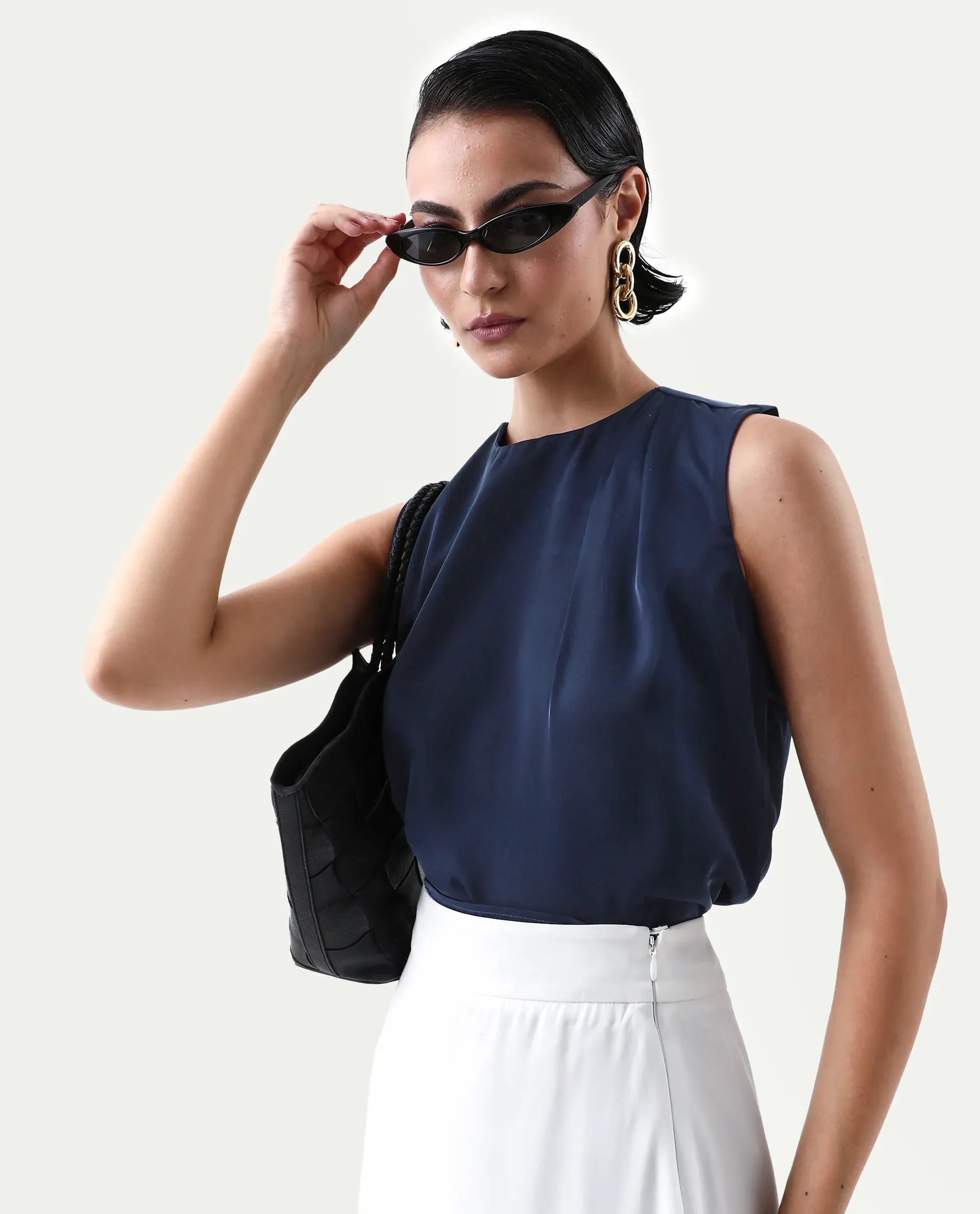 Rareism Women's Aviso Navy Polyester Round Neck Regular Fit Plain Top