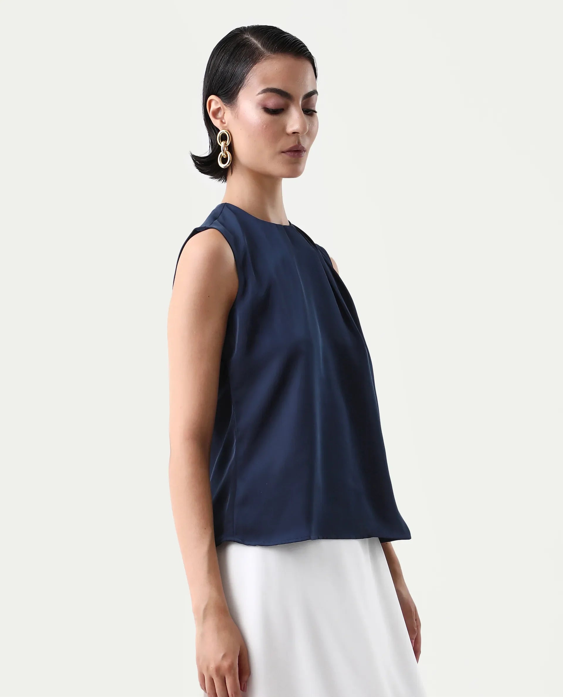 Rareism Women's Aviso Navy Polyester Round Neck Regular Fit Plain Top