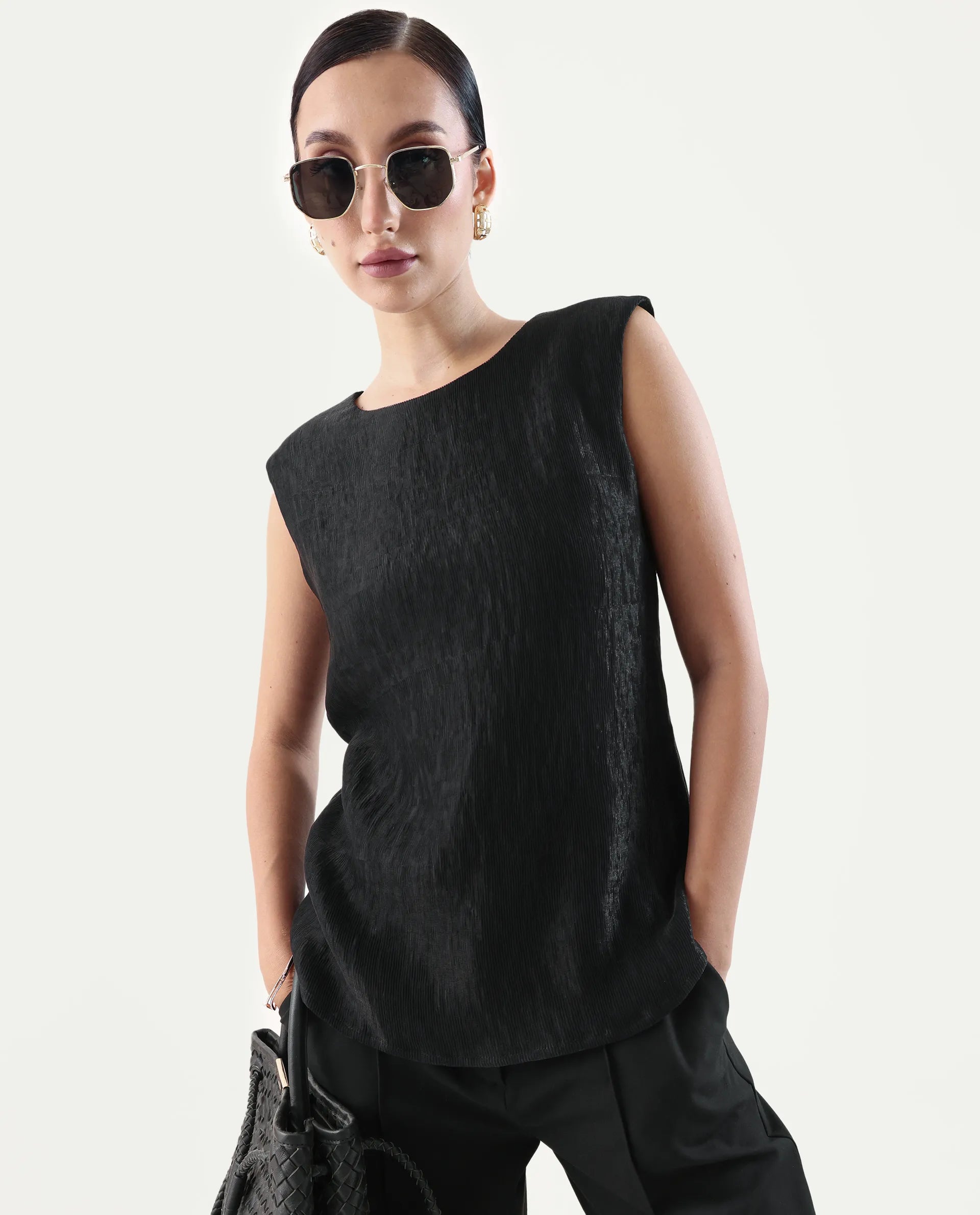 Rareism Women's Avisyn Black Nylon Blend Crew Neck Regular Fit Plain Top