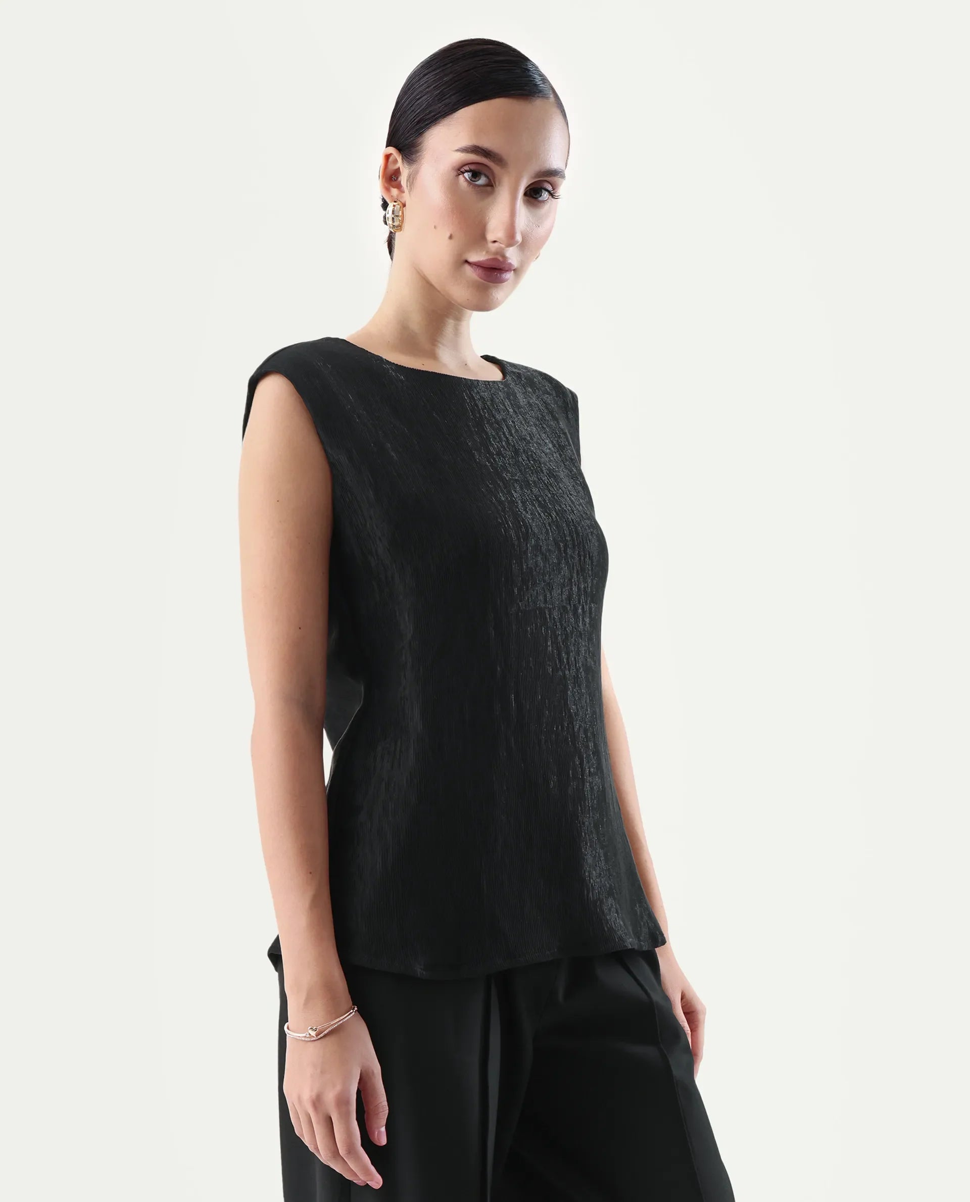 Rareism Women's Avisyn Black Nylon Blend Crew Neck Regular Fit Plain Top