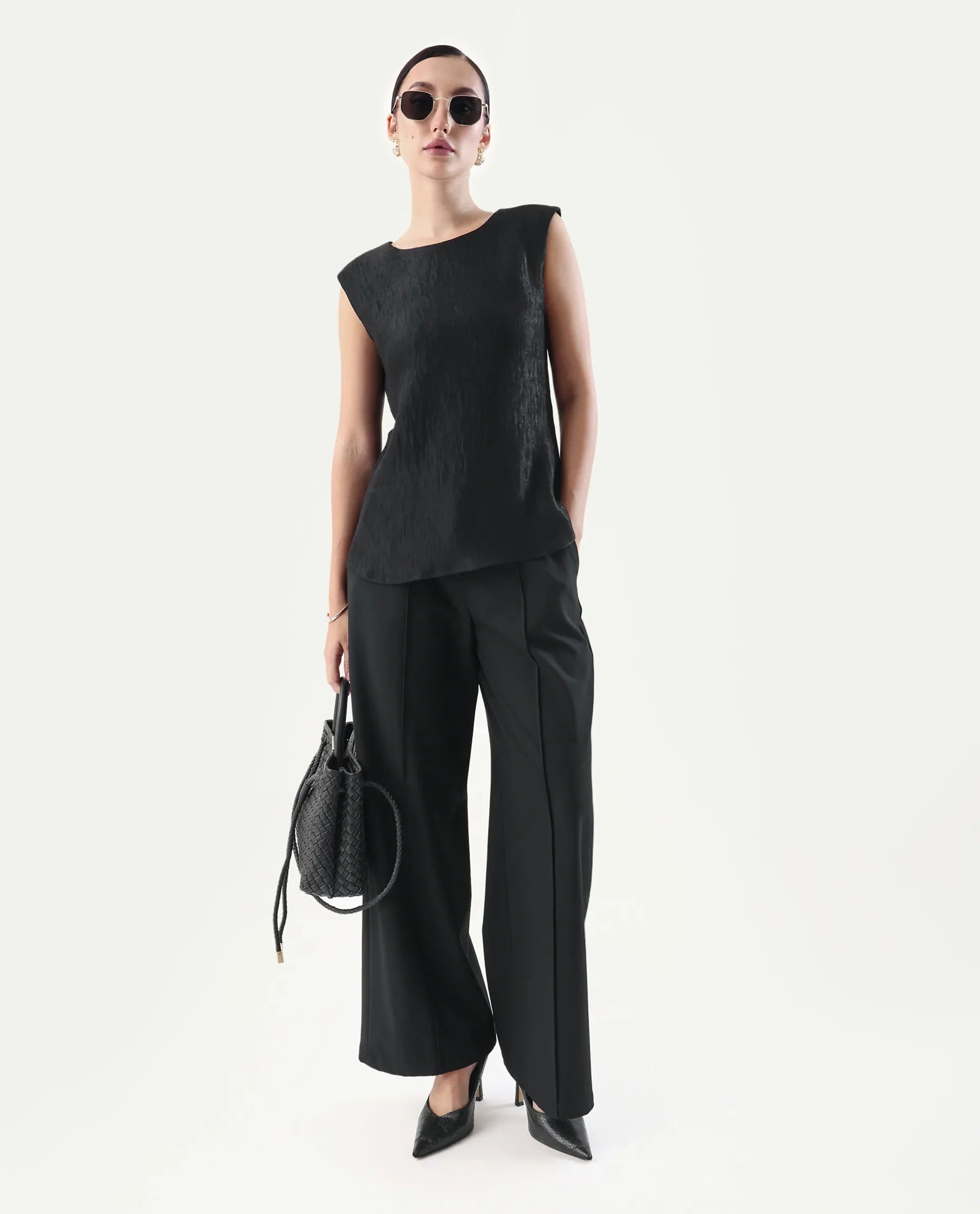 Rareism Women's Avisyn Black Nylon Blend Crew Neck Regular Fit Plain Top