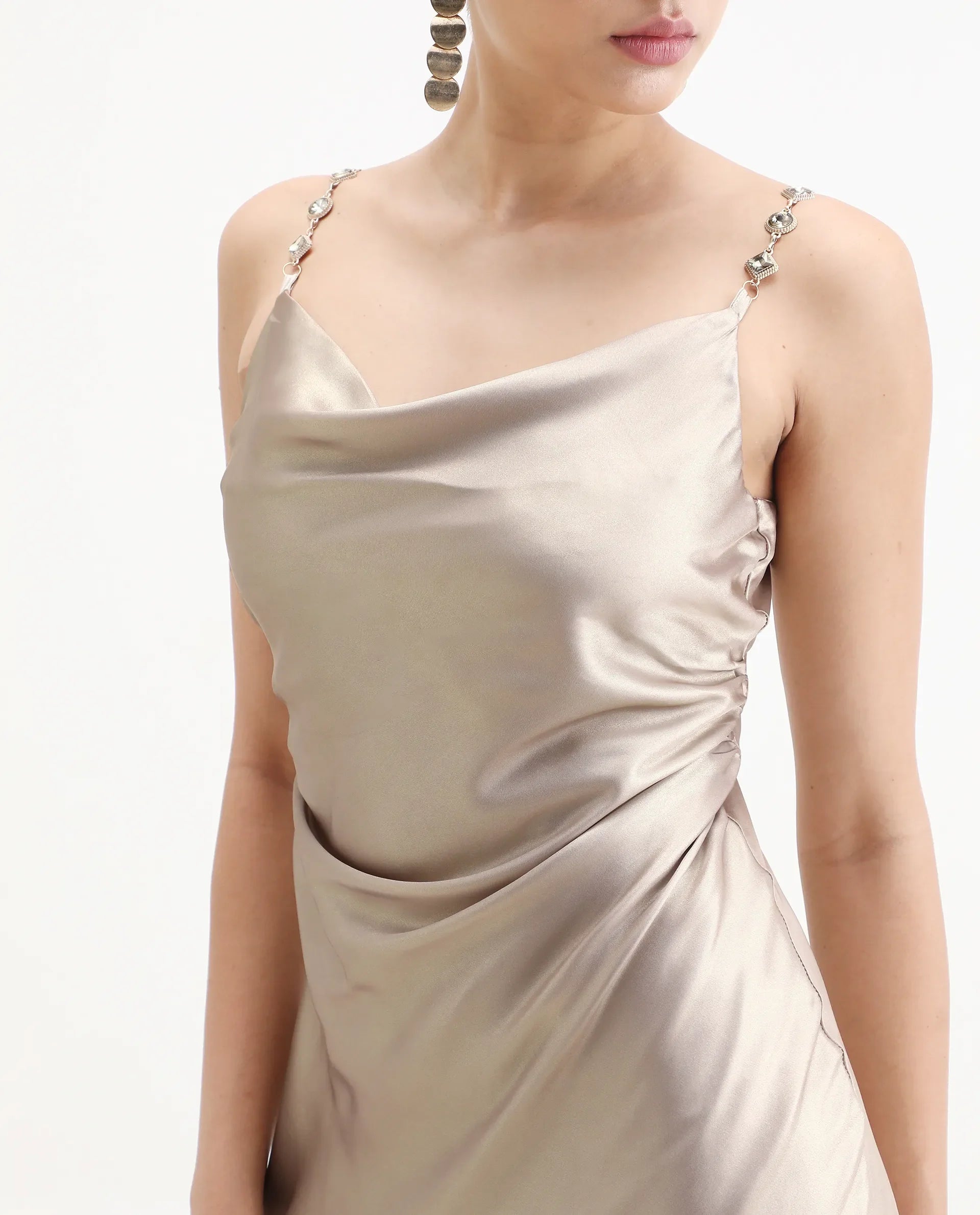 Rareism Women's Avita Beige Polyester Shoulder Straps Fit And Flare Plain Dress