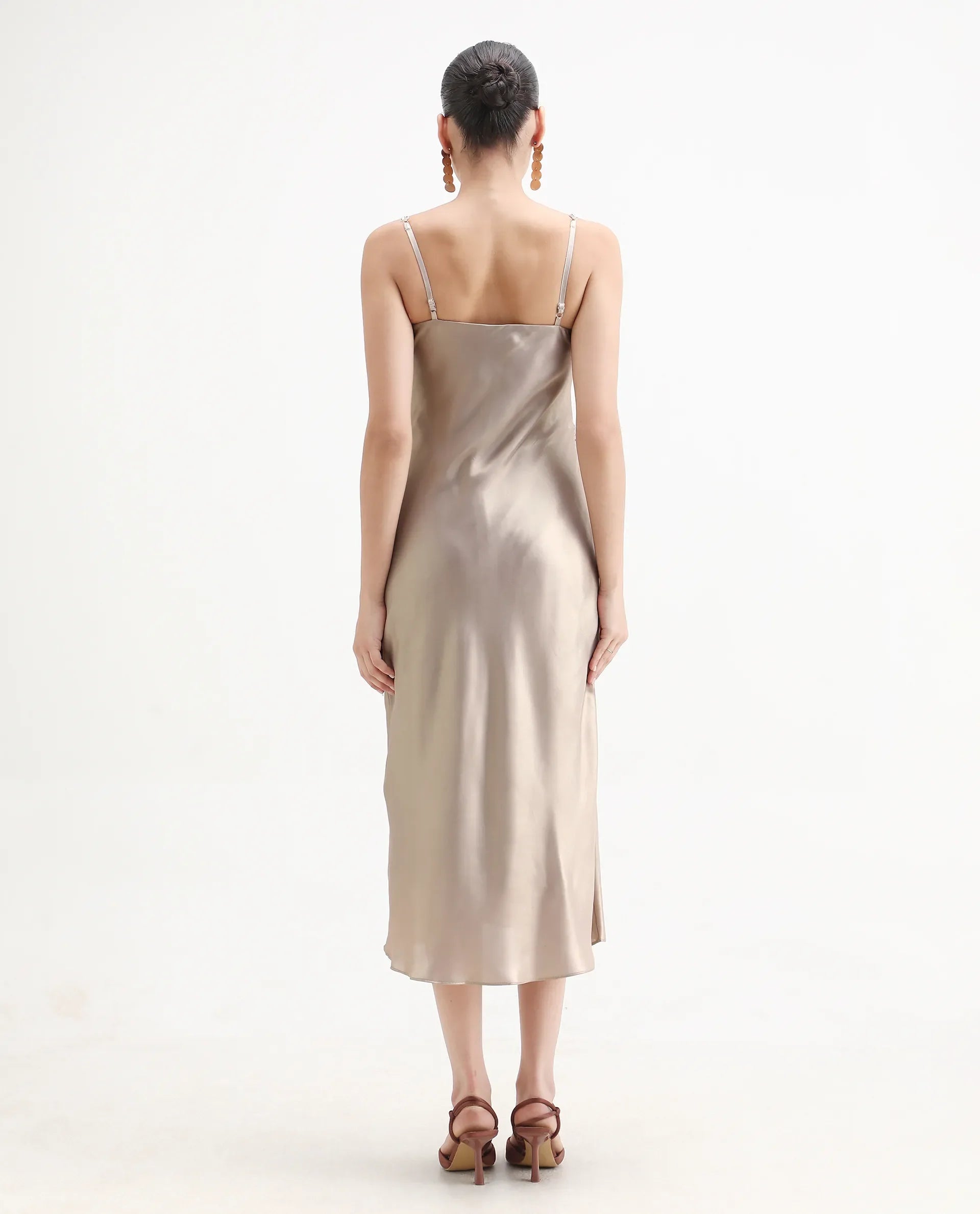 Rareism Women's Avita Beige Polyester Shoulder Straps Fit And Flare Plain Dress