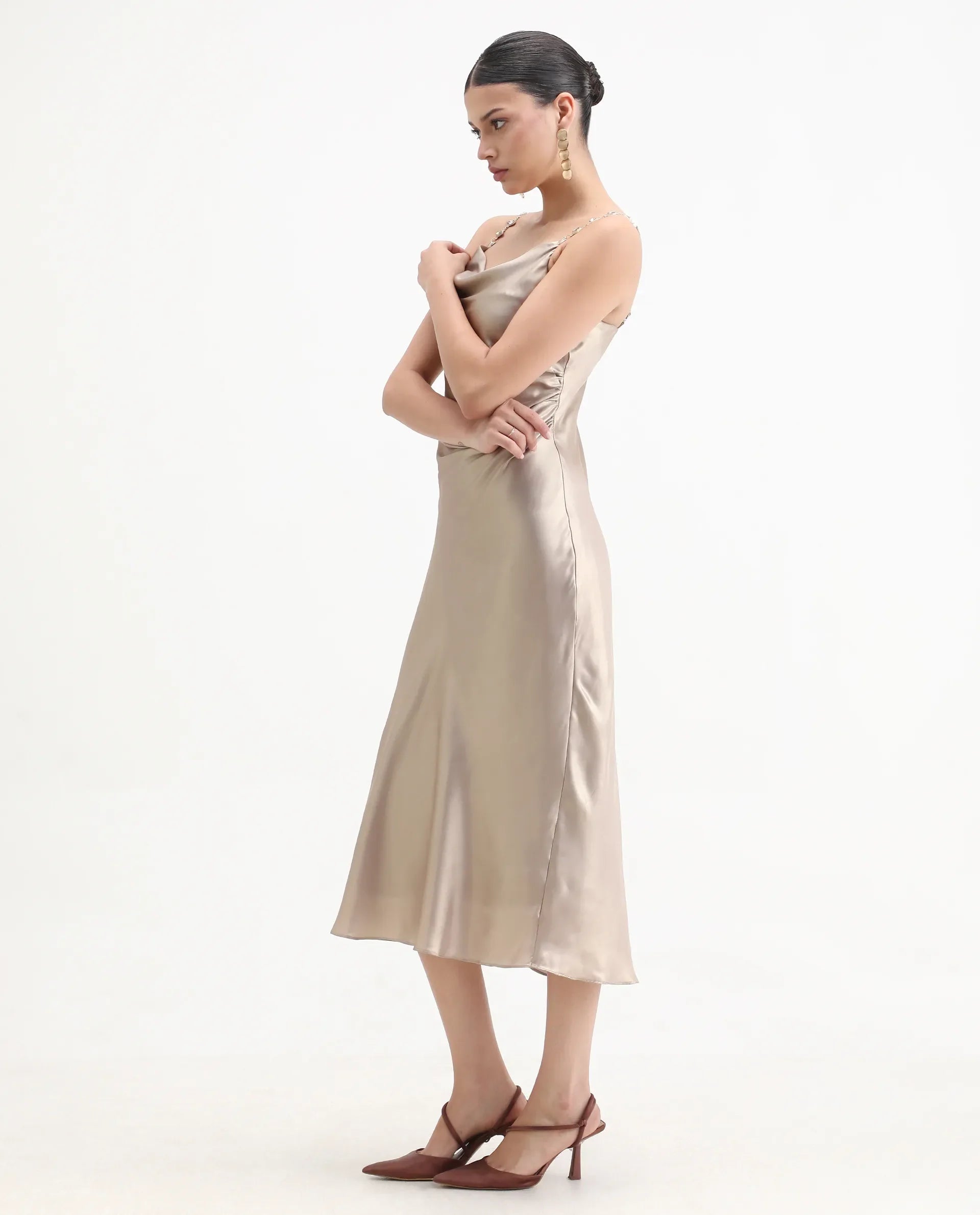 Rareism Women's Avita Beige Polyester Shoulder Straps Fit And Flare Plain Dress