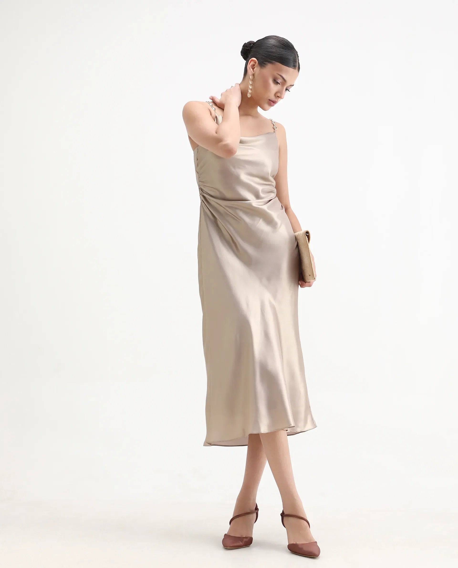 Rareism Women's Avita Beige Polyester Shoulder Straps Fit And Flare Plain Dress