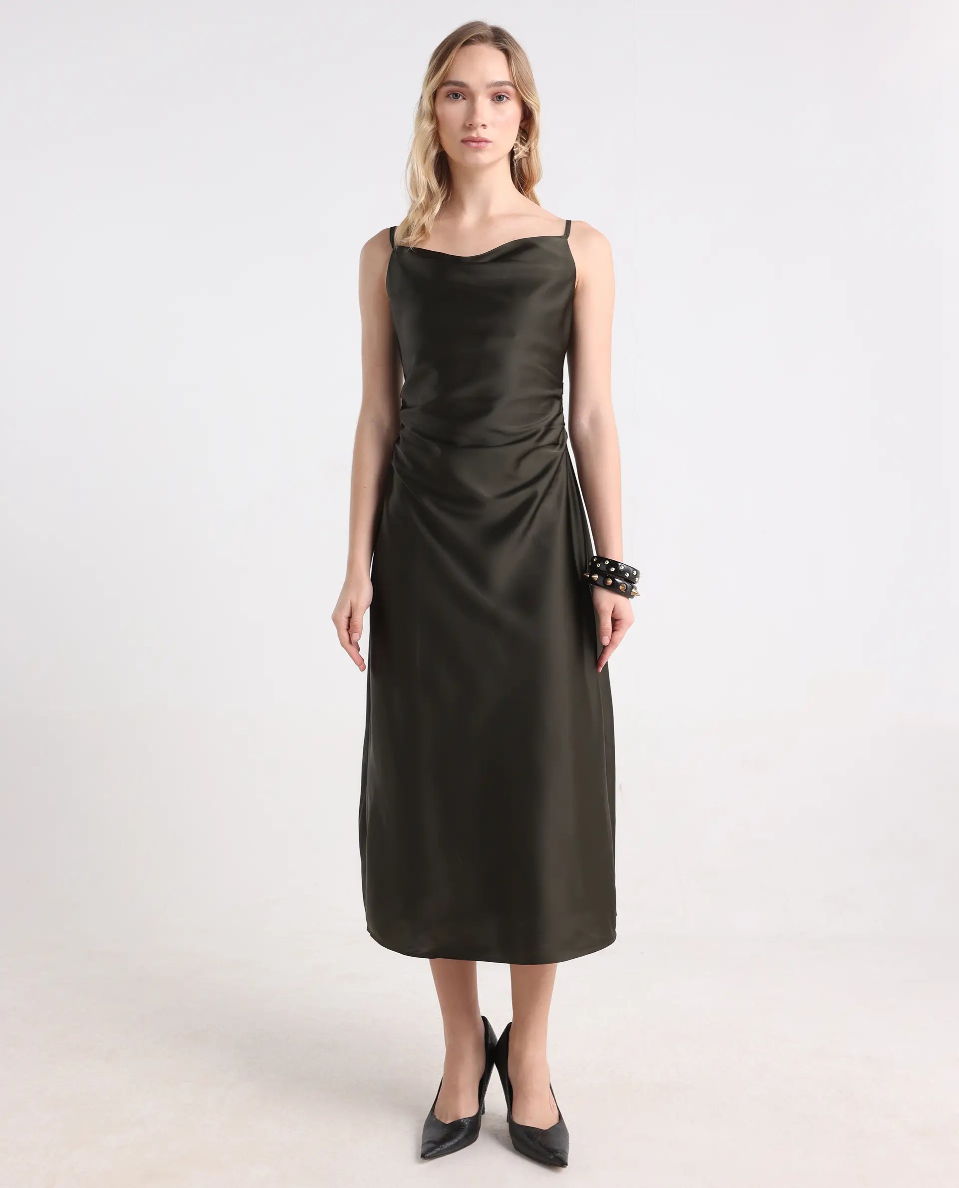 Rareism Women's Avital Olive Polyester Fitted Midi Dress