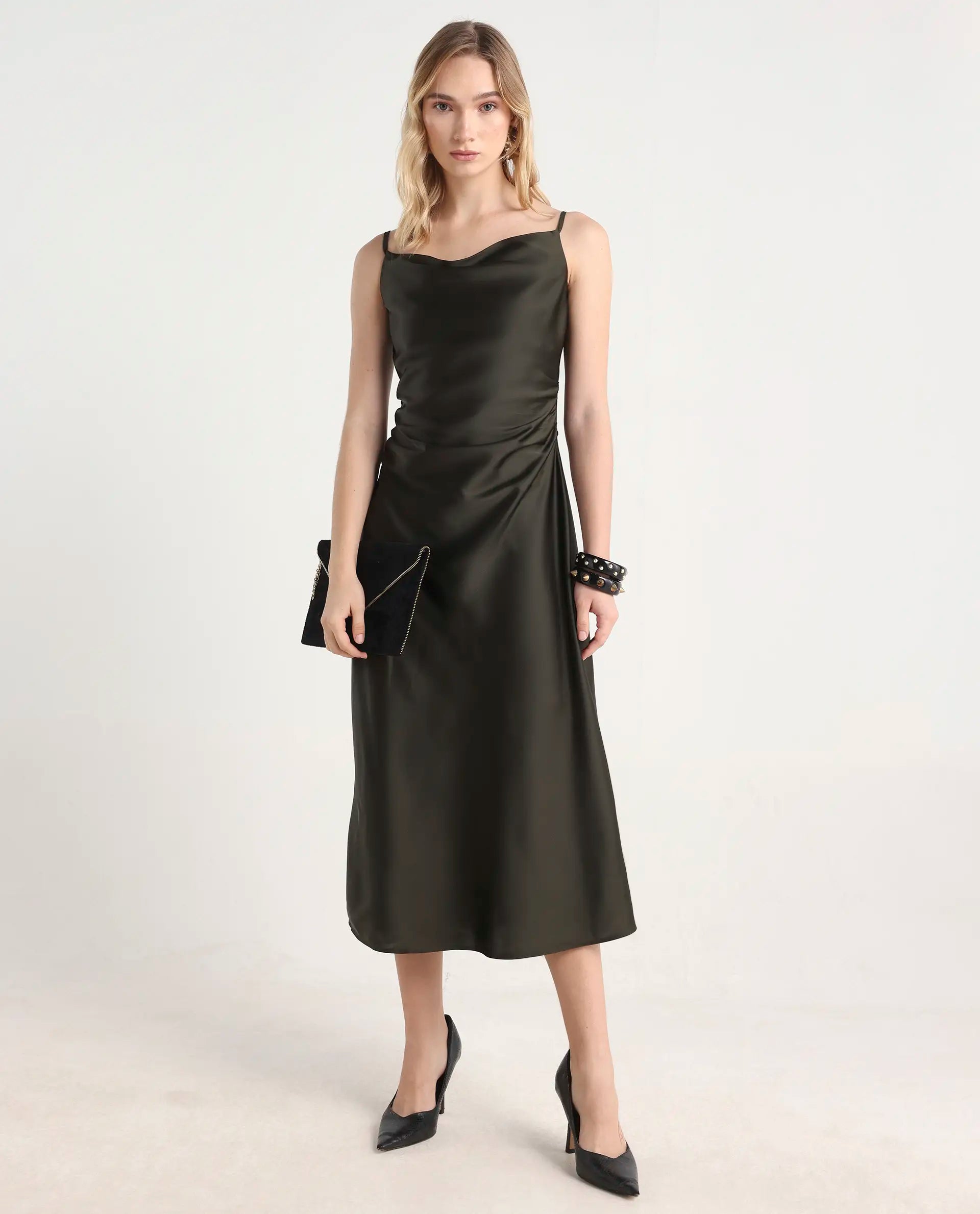 Rareism Women's Avital Olive Polyester Fitted Midi Dress