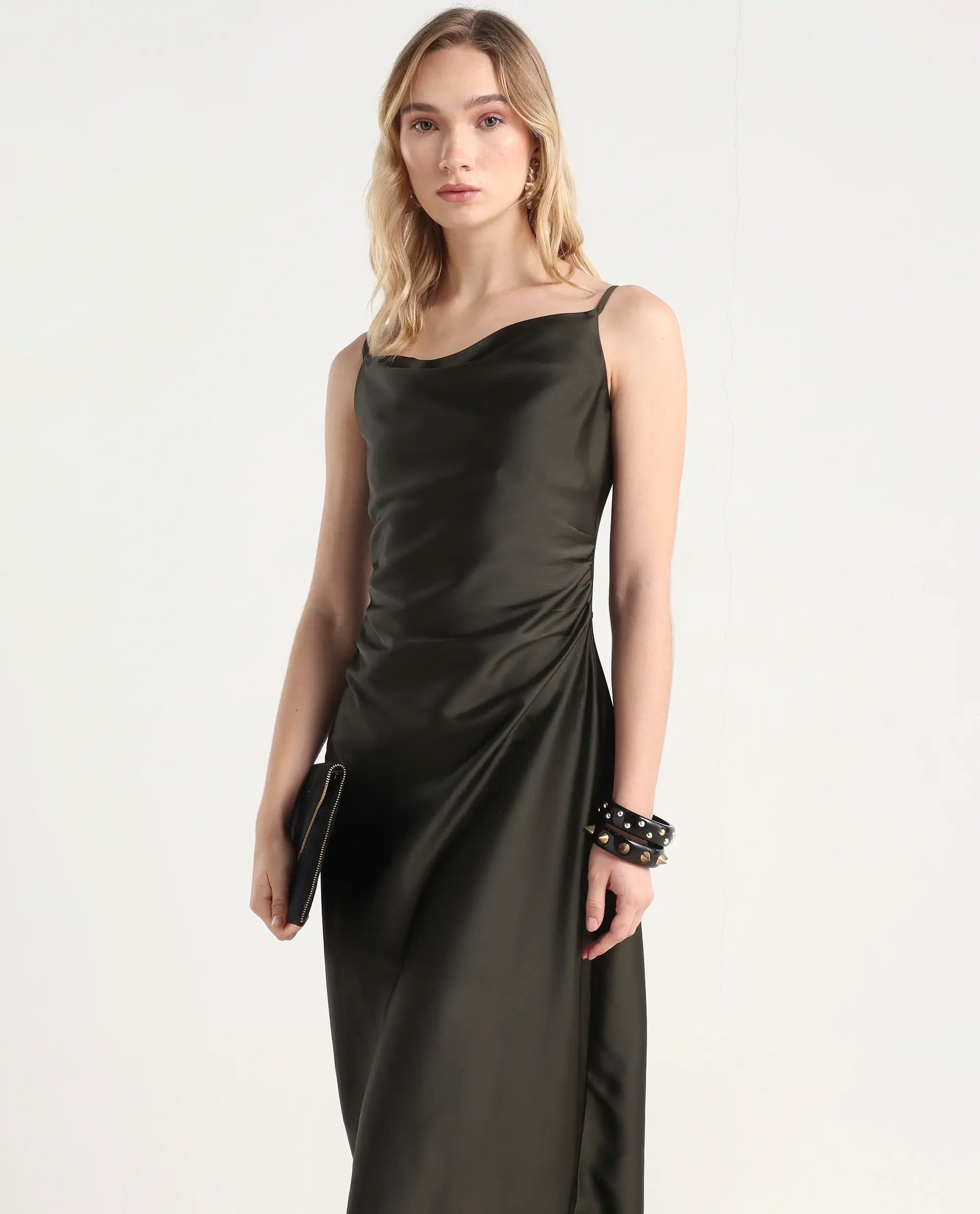 Rareism Women's Avital Olive Polyester Fitted Midi Dress