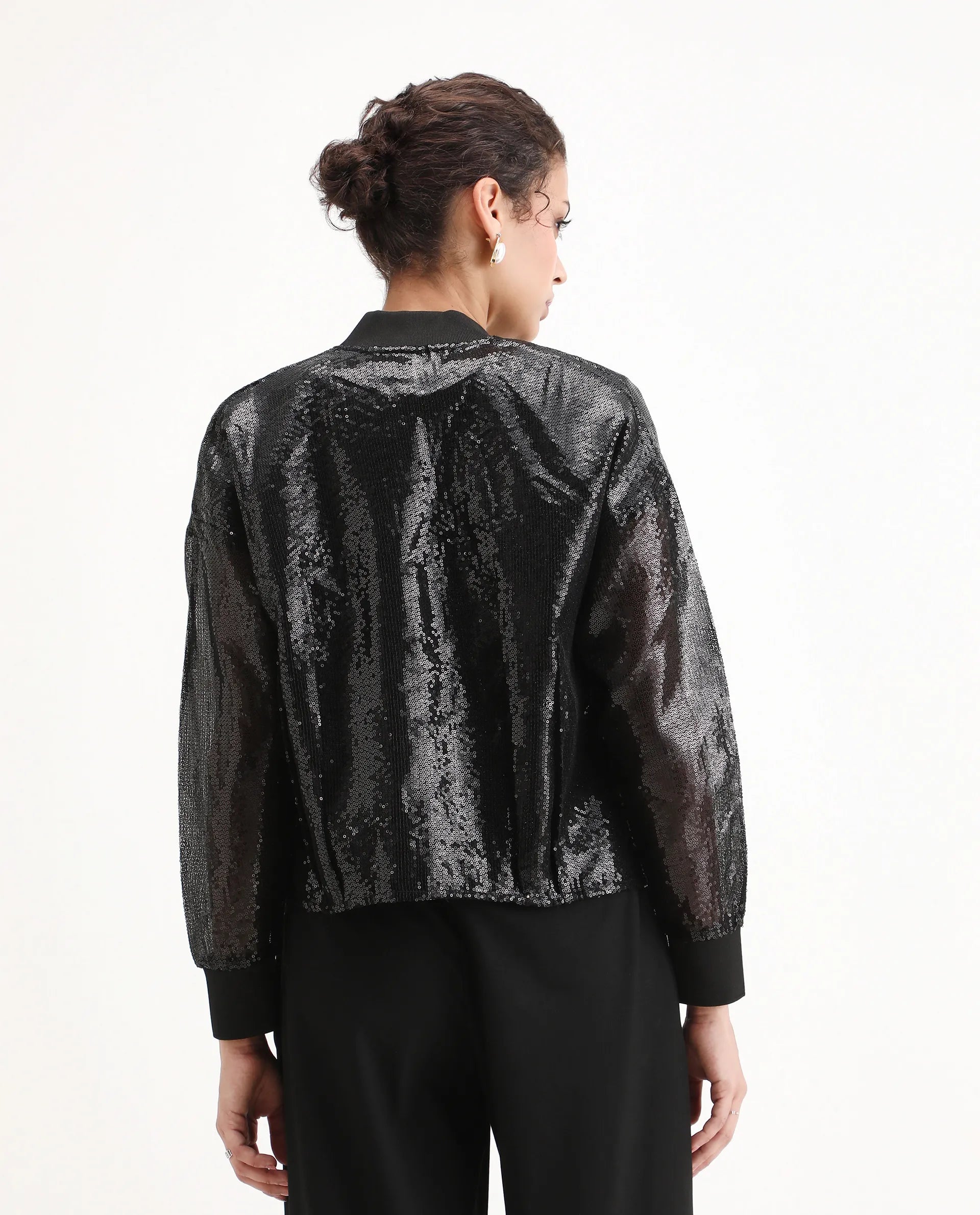 Rareism Women's Aviuby Black Polyester Ribbed Collar Regular Fit Jacket